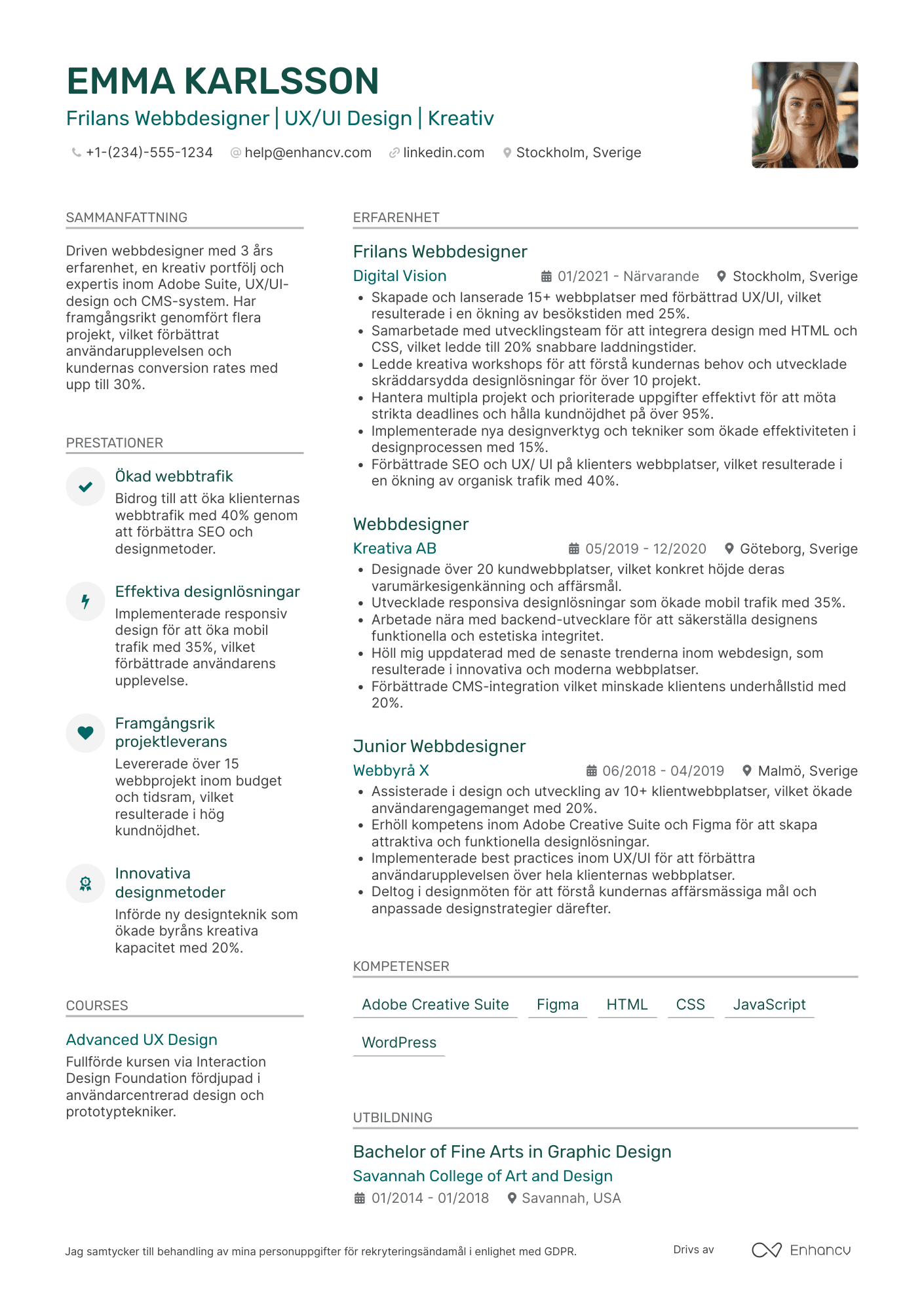 CV för Frilans Webbdesigner Resume Example