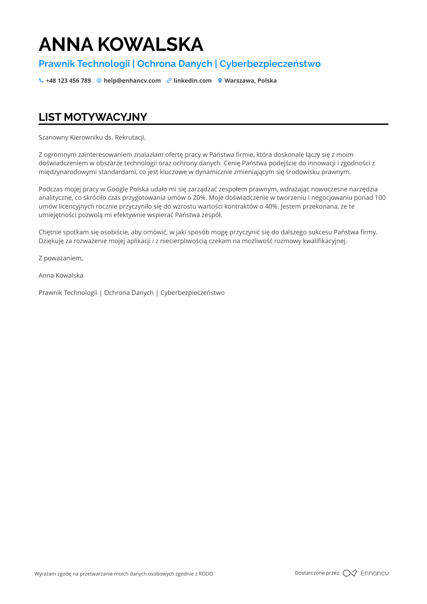 List motywacyjny dla Prawnik w dziedzinie Technologii Resume Example
