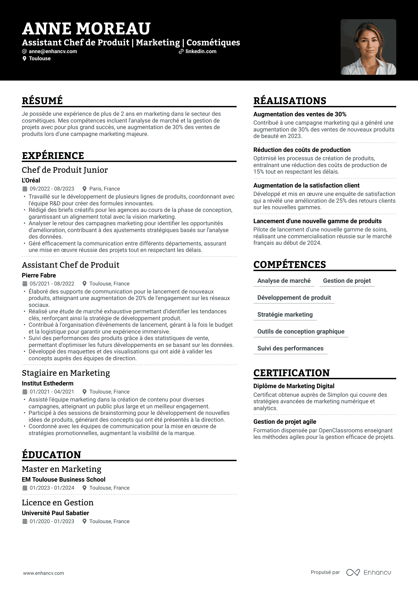 Assistant Chef de Produit Resume Example