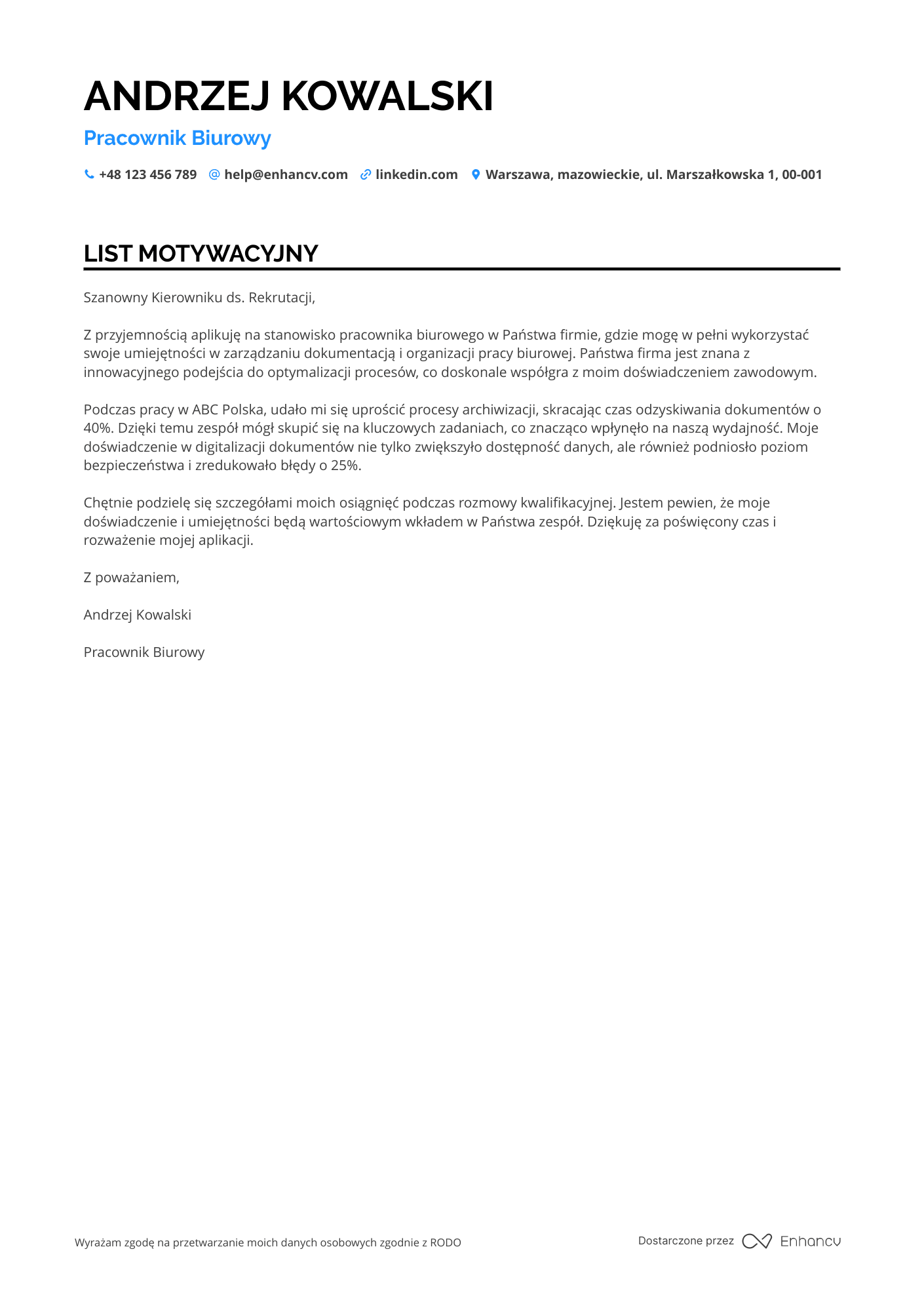 List motywacyjny dla Pracownik Biurowy ds. Zarządzania Dokumentacją Resume Example