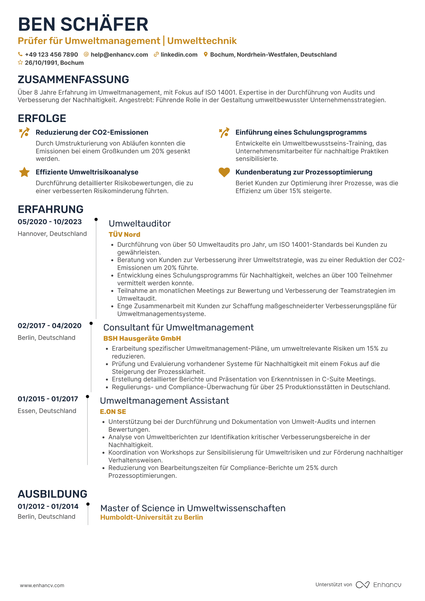Lebenslauf als Prüfer für Umweltmanagement Resume Example