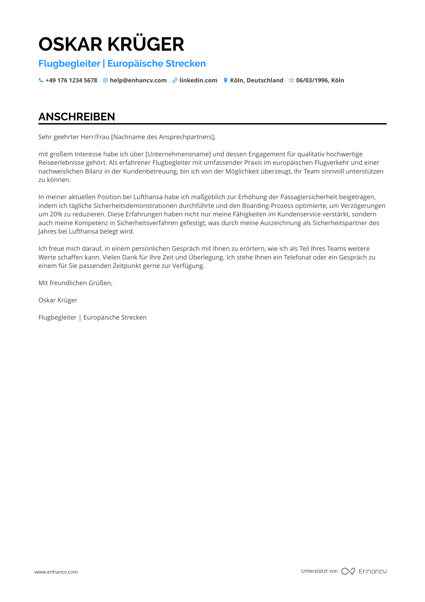 Flugbegleiter in der Tourismusbranche Resume Example