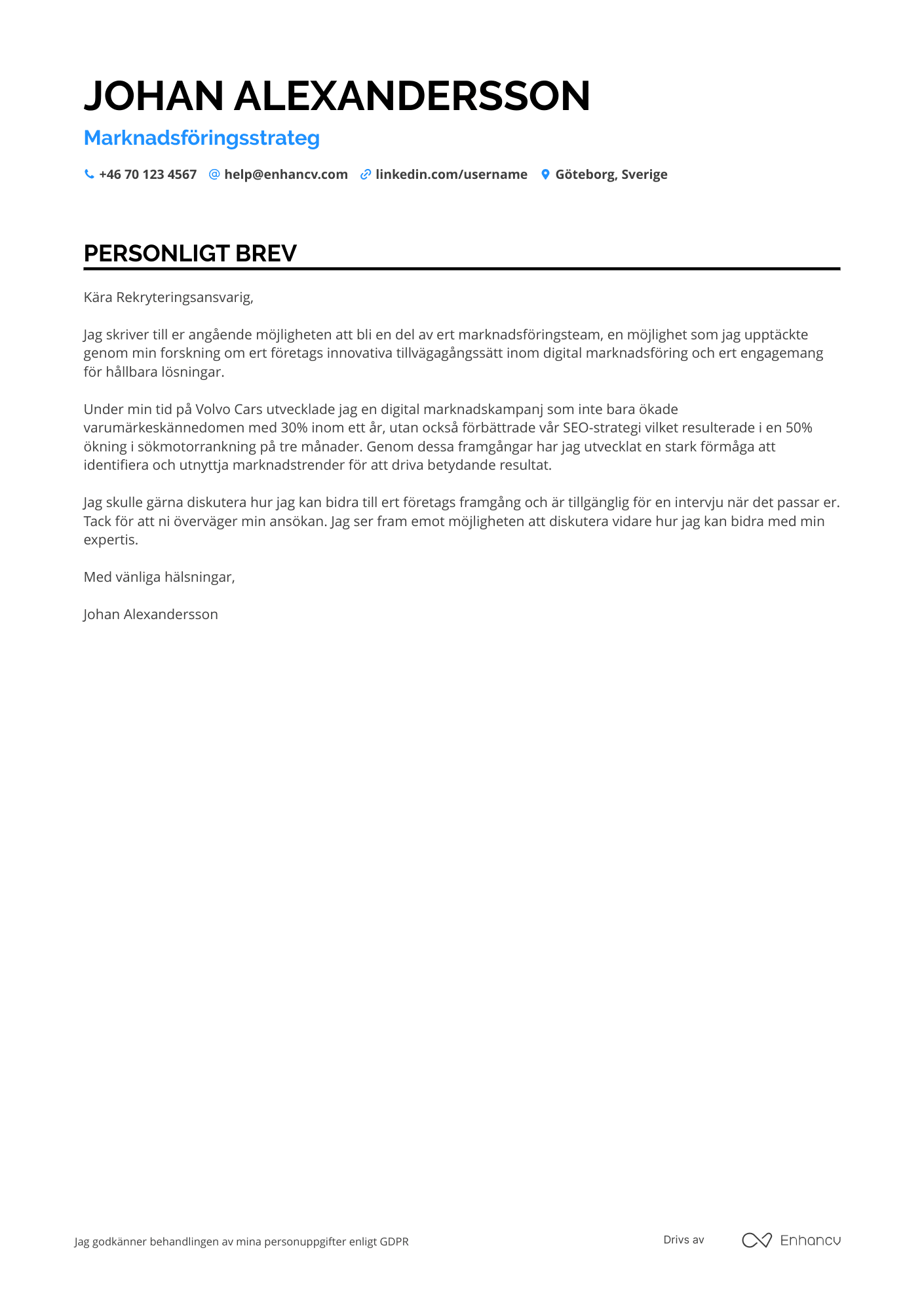 Personligt brev för Marknadsföringsstrateg Resume Example