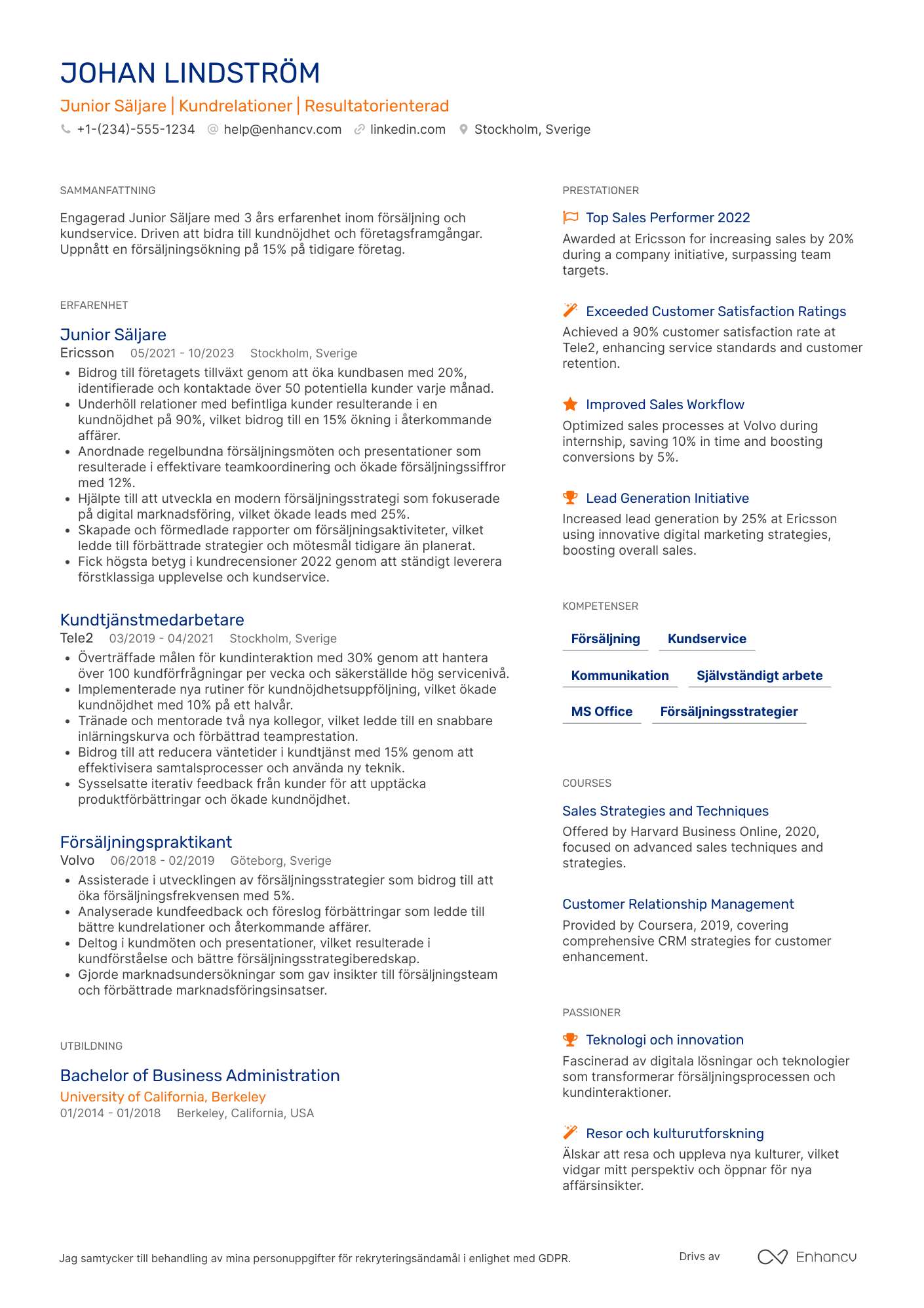 CV för Junior Säljare Resume Example