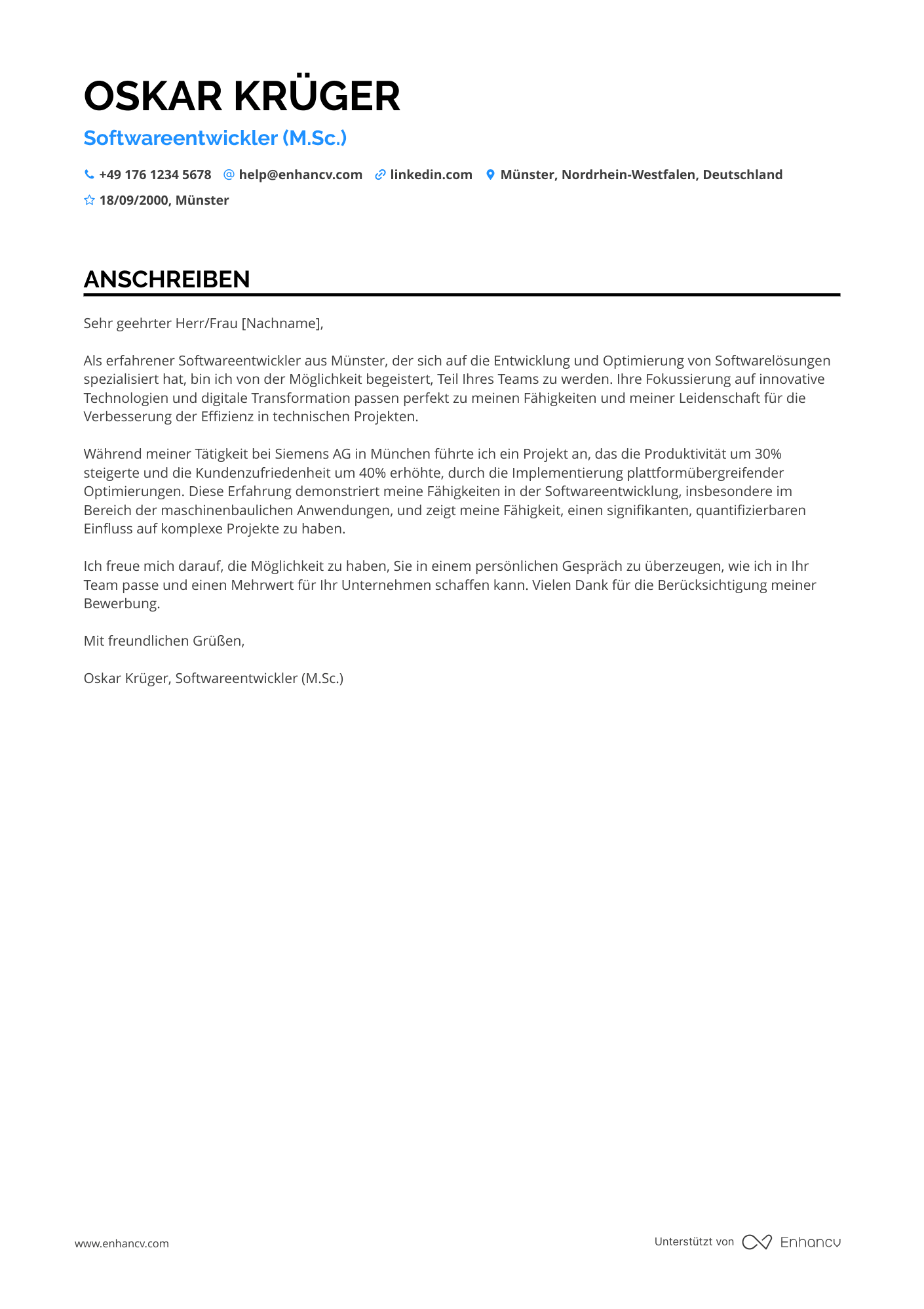 Softwareentwickler für Maschinenbau Resume Example