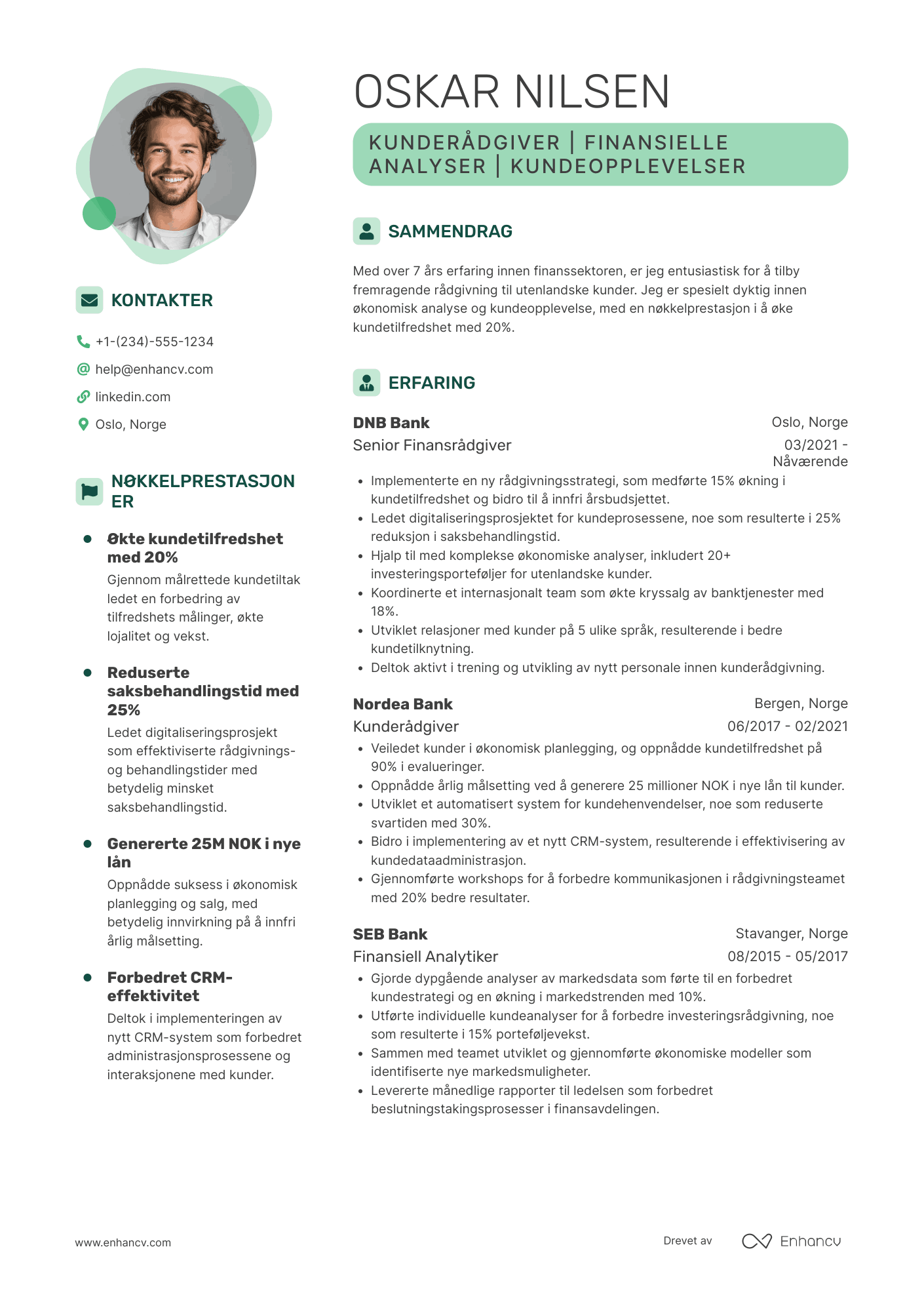 CV for Kunderådgiver i bank for utenlandske kunder Resume Example