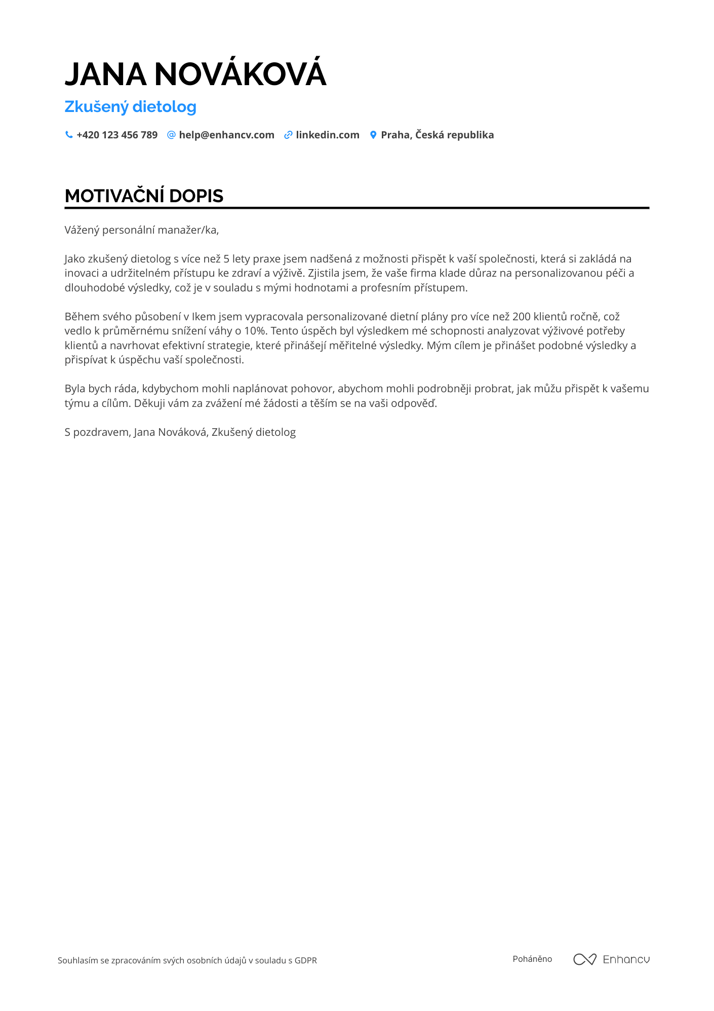 Motivační dopis pro Опытный диетолог Resume Example