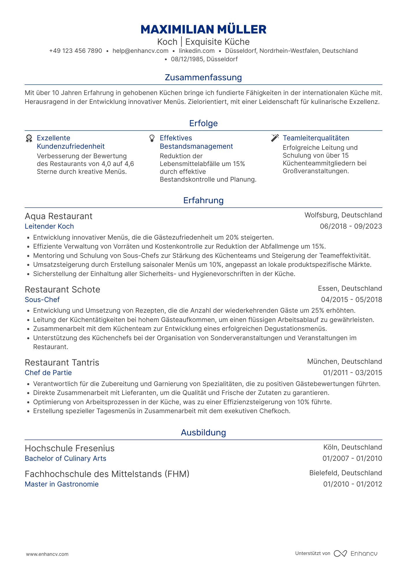 Lebenslauf als Koch in einem Luxusrestaurant Resume Example