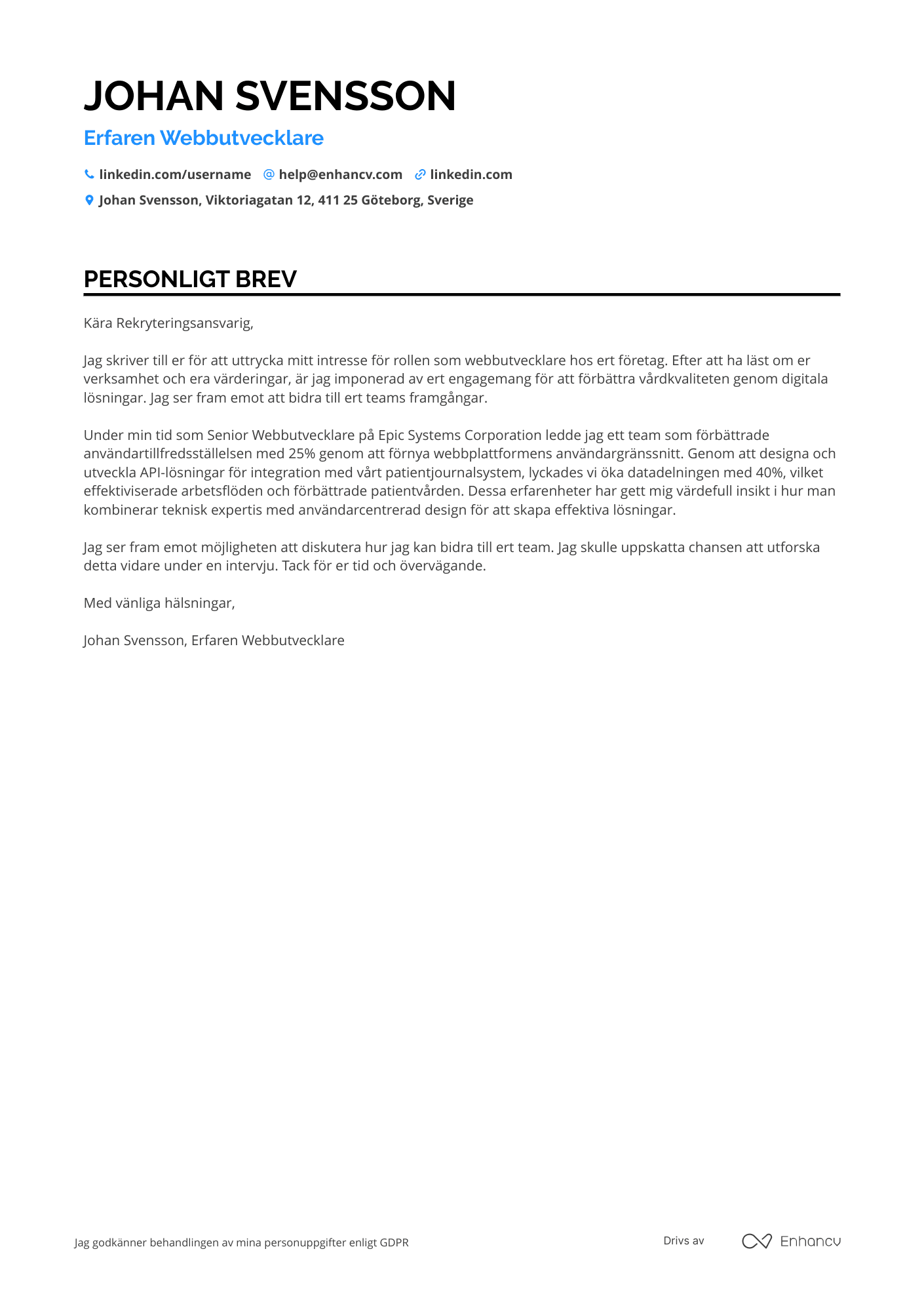 Personligt brev för Webbutvecklare inom Sjukvård Resume Example