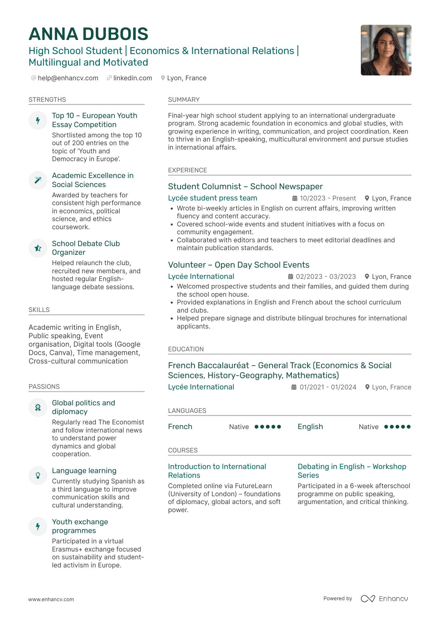 Bonus : Modèle de CV Parcoursup en anglais Resume Example