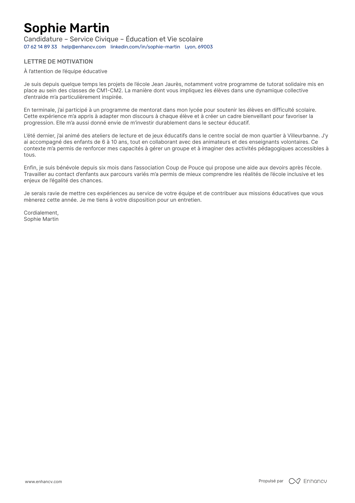 Modèle de lettre de motivation pour un service civique dans une école Resume Example