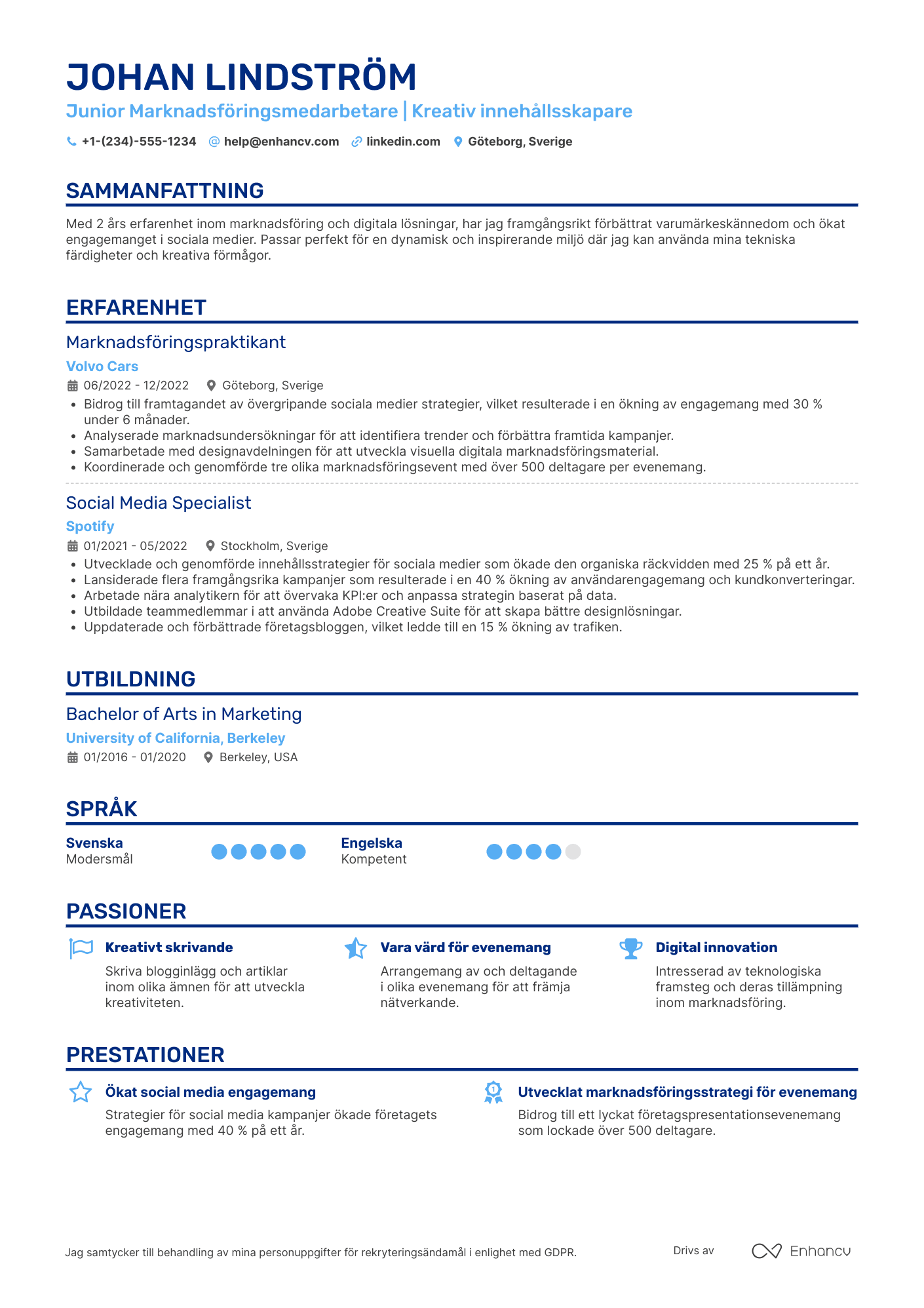 CV för Junior marknadsföringsmedarbetare Resume Example