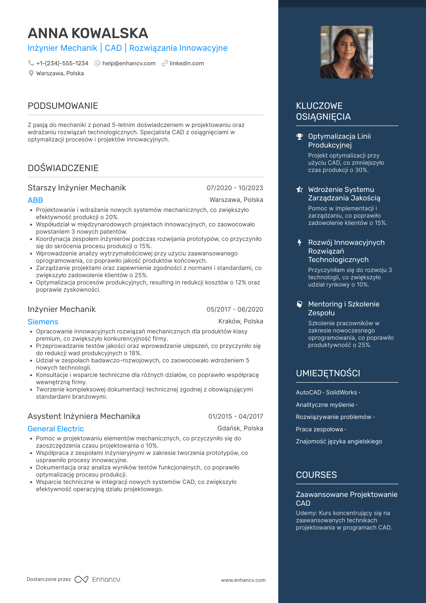 CV dla Inżynier Mechanik Resume Example