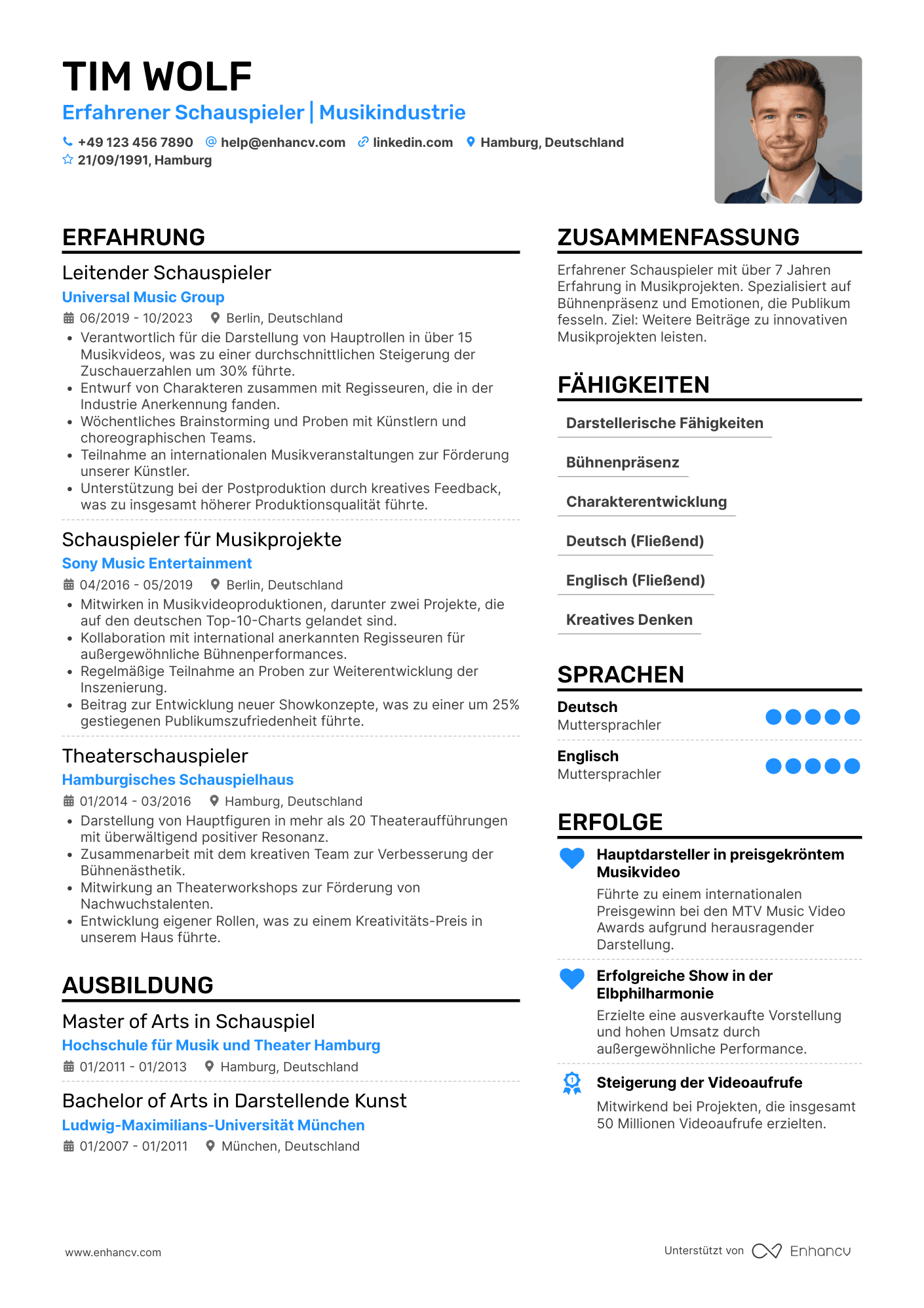 Lebenslauf in Musikindustrie Schauspieler Resume Example