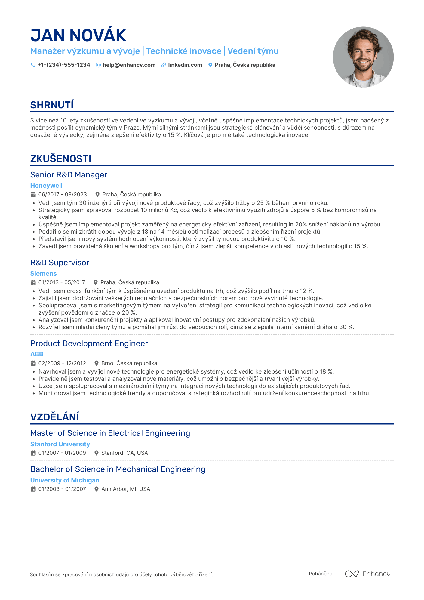 Životopis pro Manažer výzkumu a vývoje Resume Example
