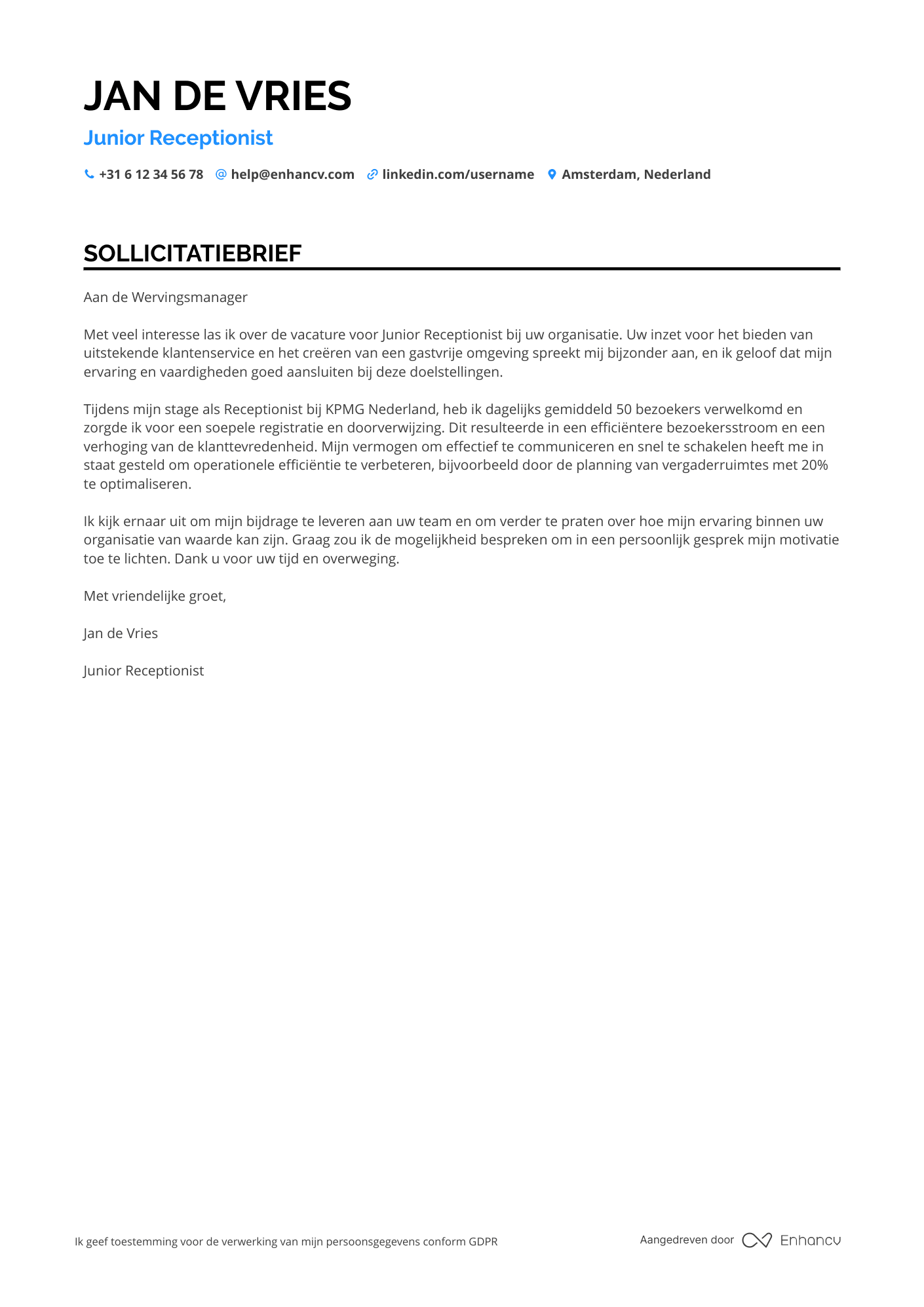 Sollicitatiebrief voor Junior Receptionist Resume Example