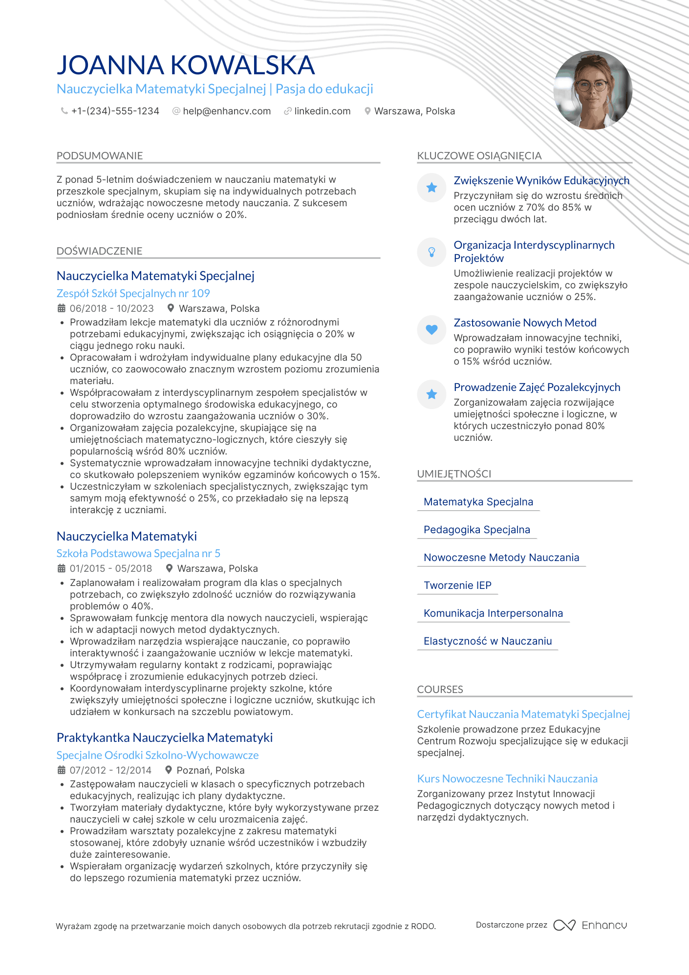 CV dla Nauczyciel Matematyki z Przeszkół Specjalnych Resume Example