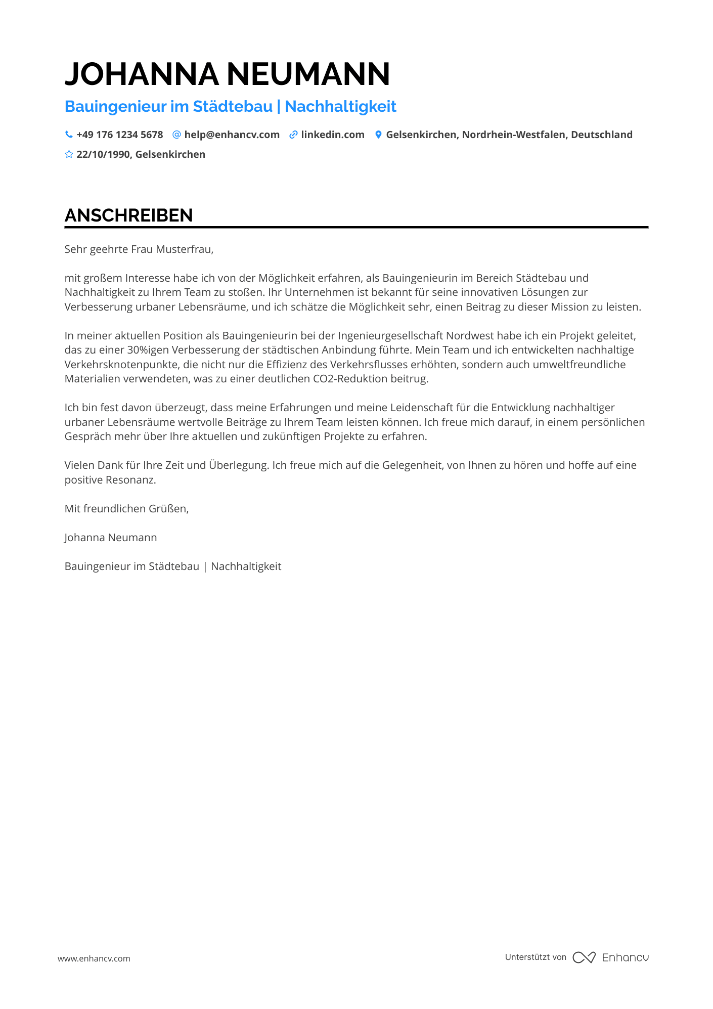 Bauingenieur im Städtebau Resume Example