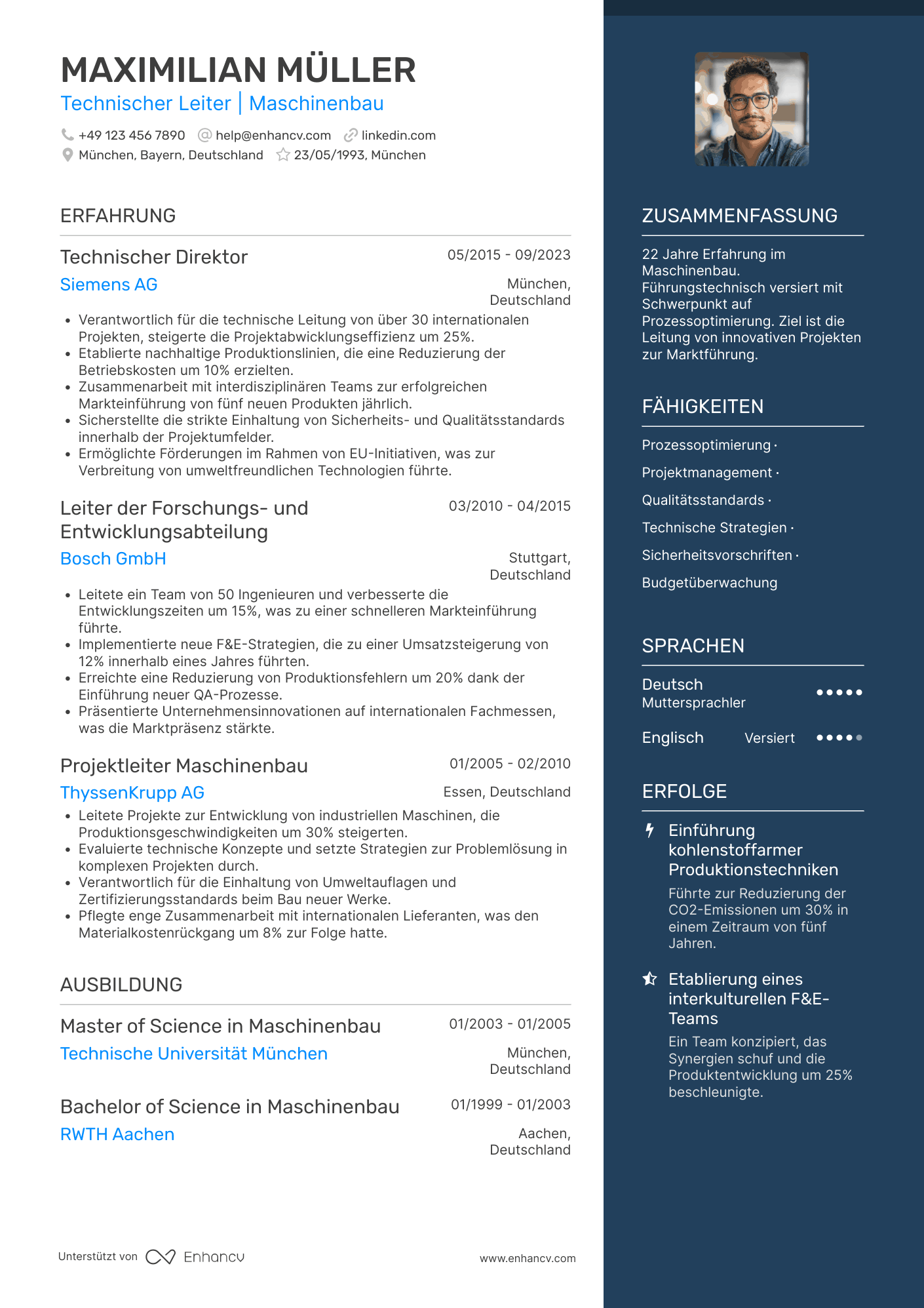 Lebenslauf in Technischer Leiter im Maschinenbau Resume Example