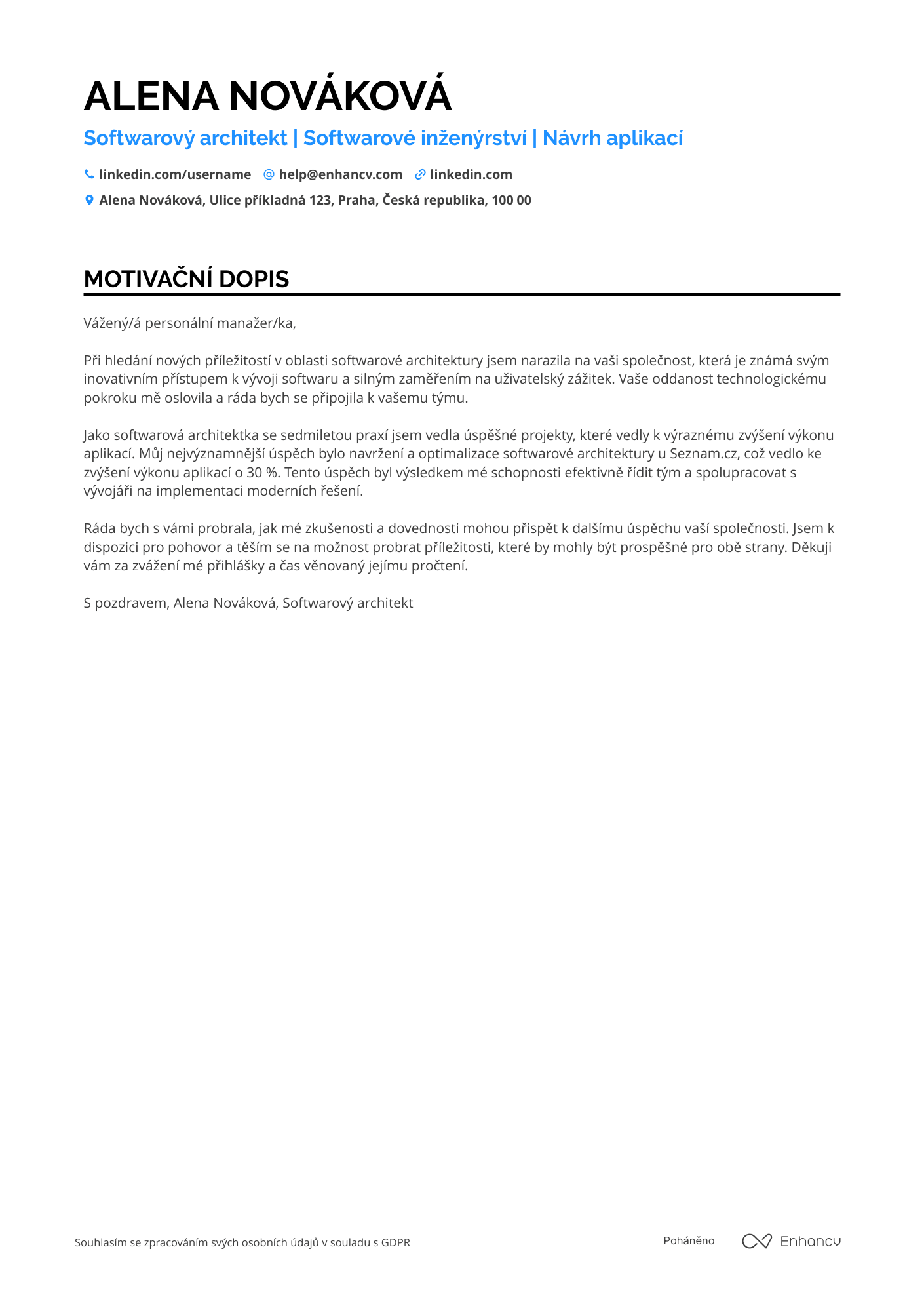 Motivační dopis pro Softwarový architekt Resume Example
