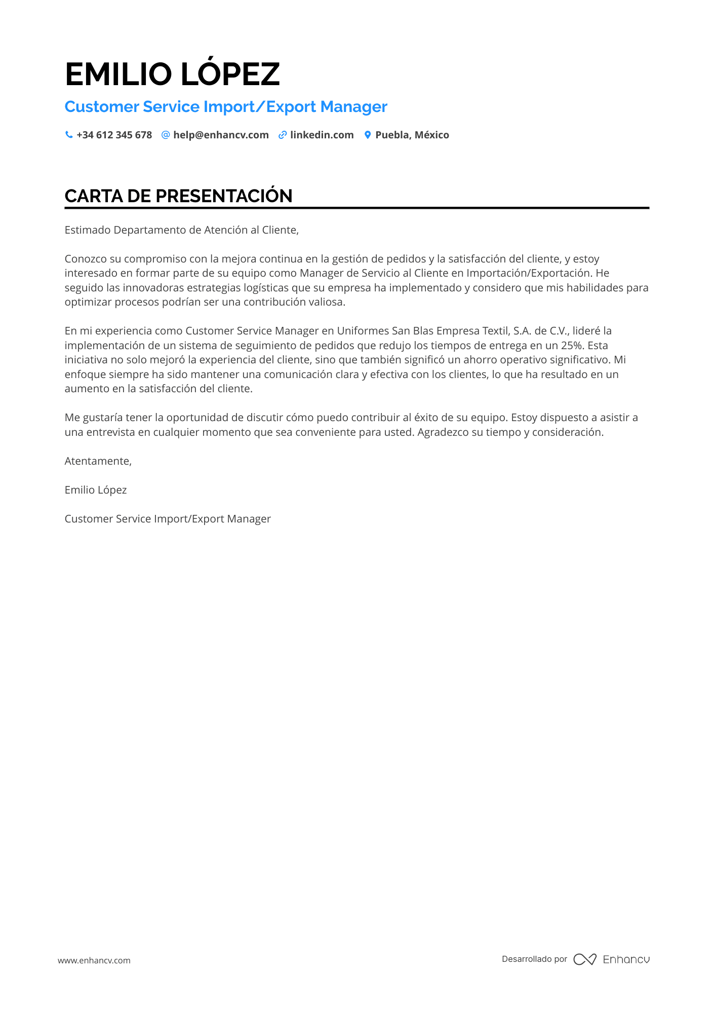Jefe de Atención al Cliente Resume Example