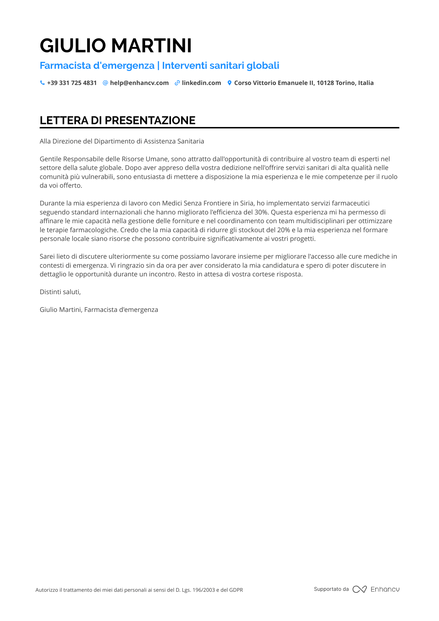 Farmacista di Comunità Resume Example