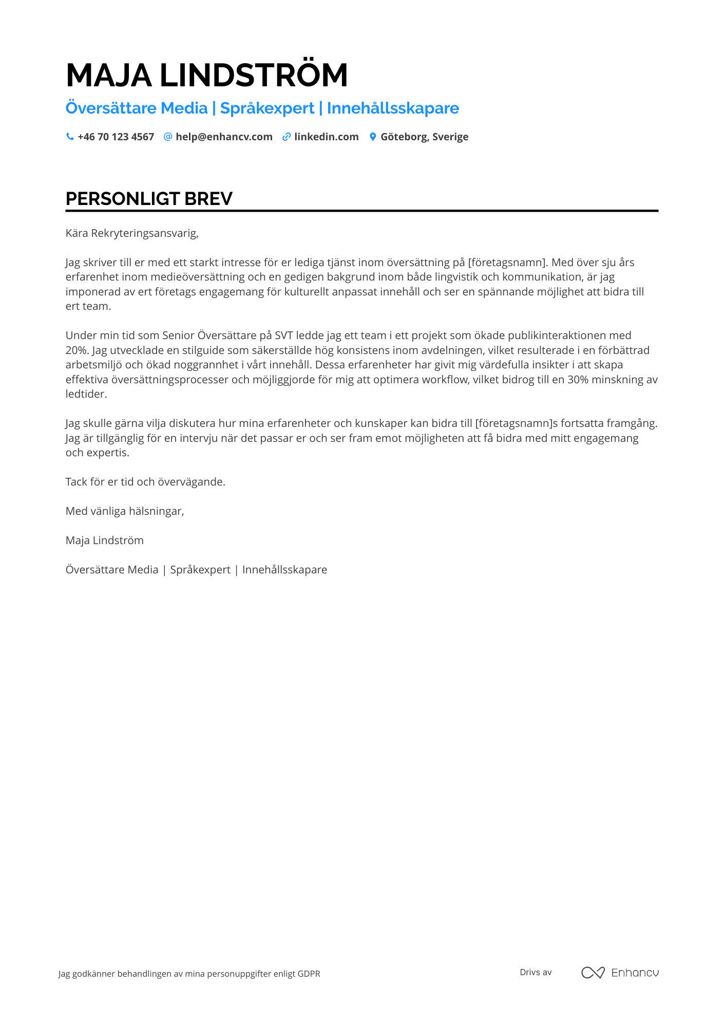 Personligt brev för Översättare Media Resume Example