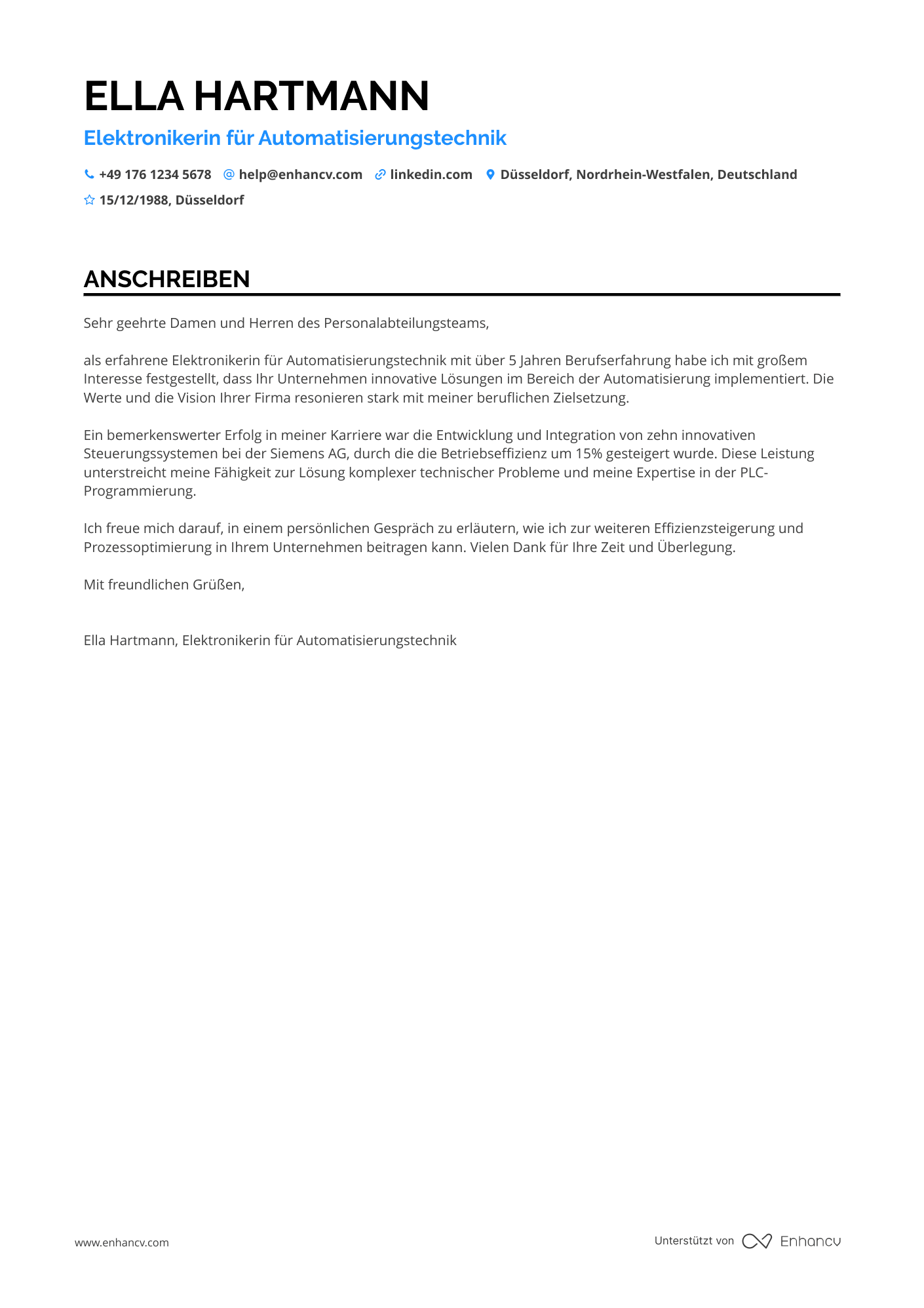 Elektroniker für Automatisierungstechnik Resume Example