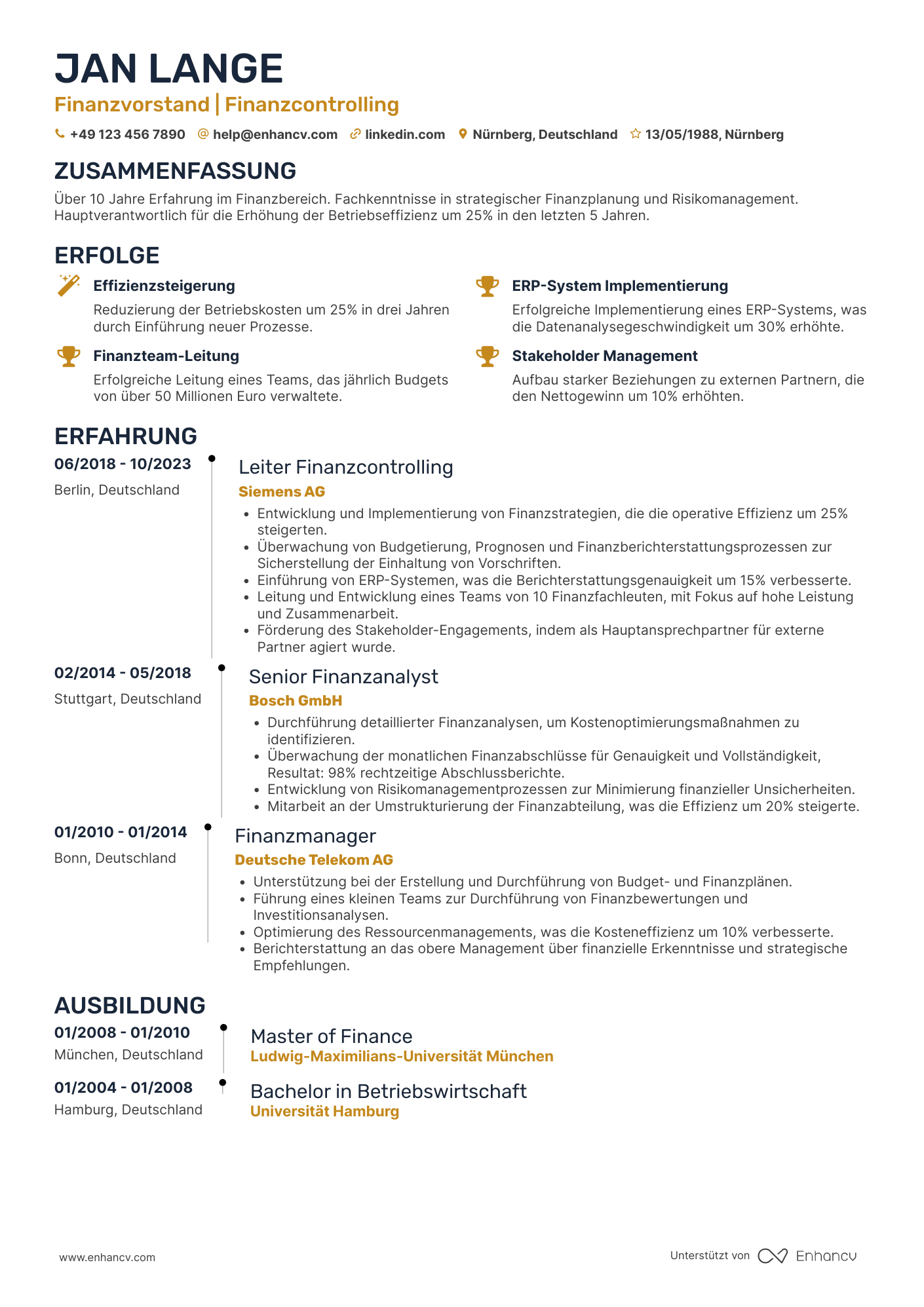 Lebenslauf als Finanzvorstand für Finanzcontrolling Resume Example