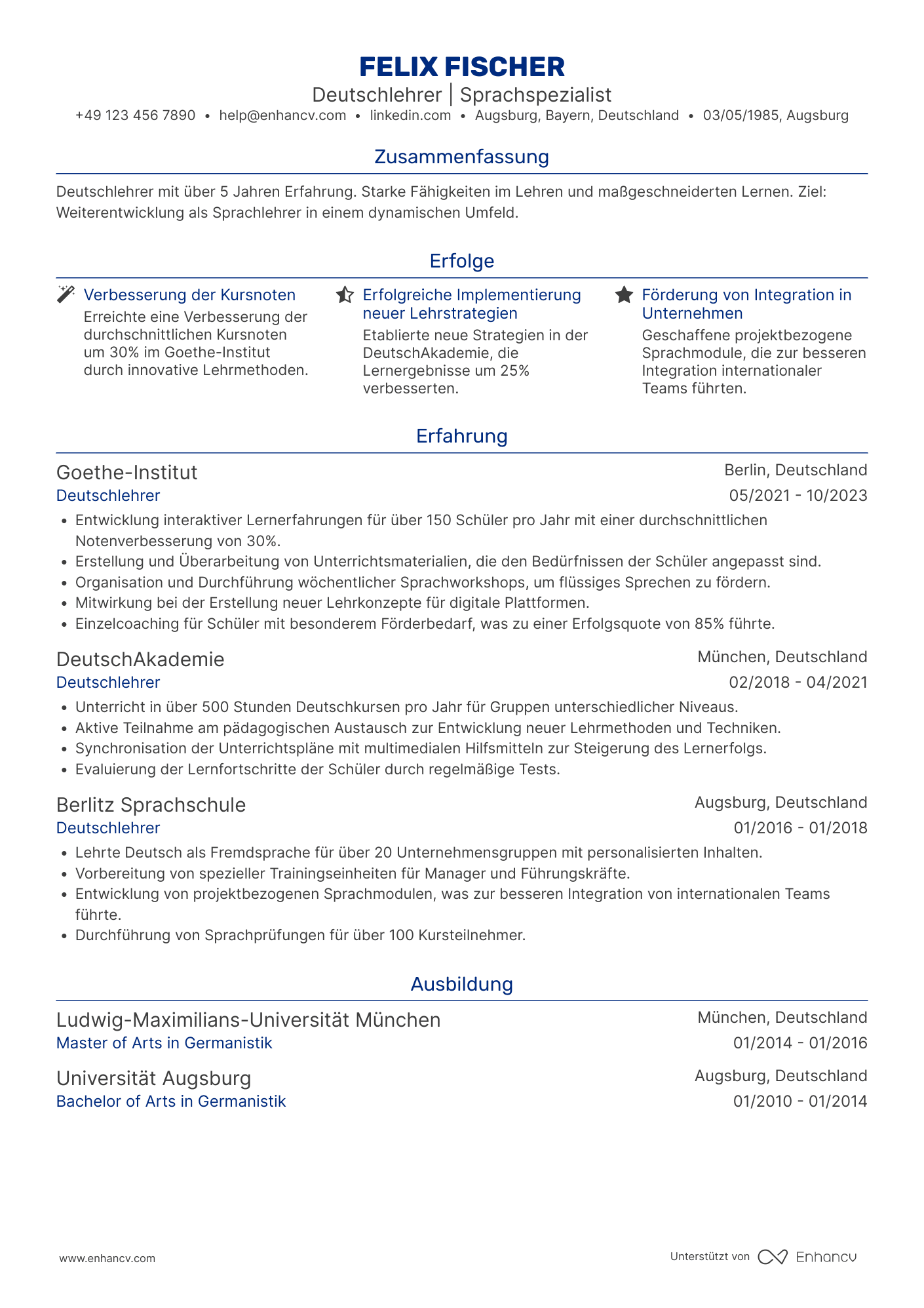 Lebenslauf als Deutschlehrer Resume Example