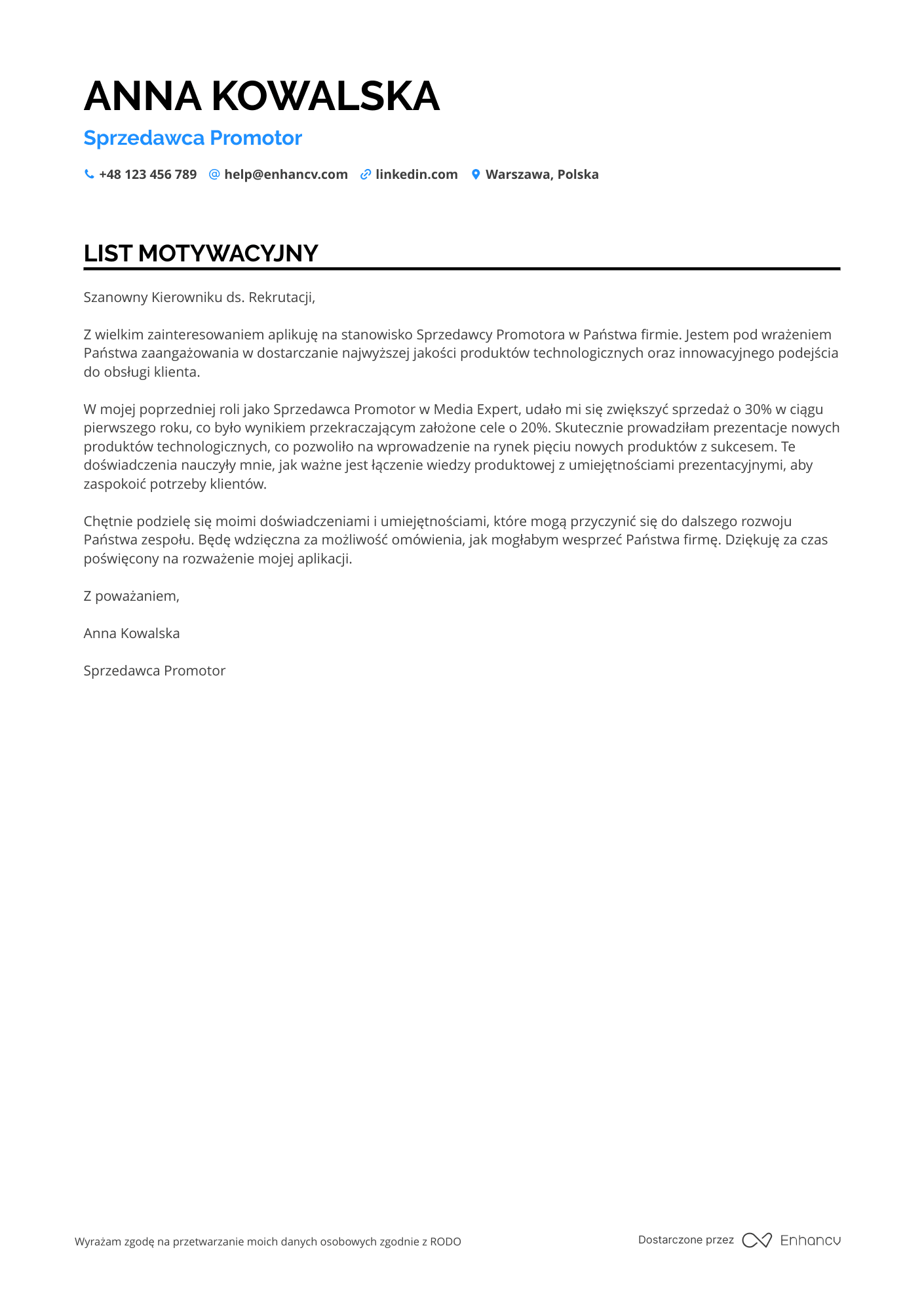 List motywacyjny dla Sprzedawca Promotor Resume Example