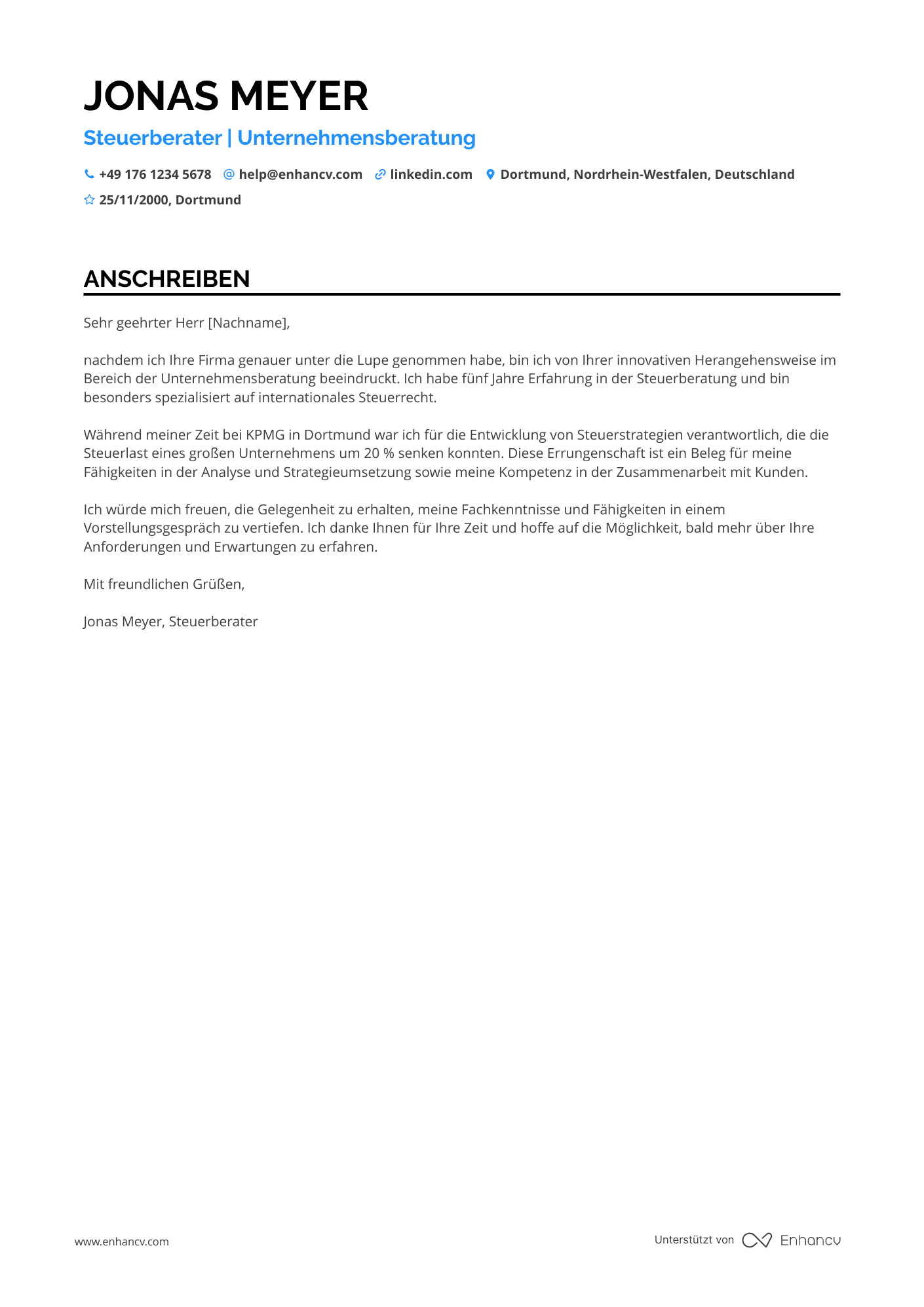 Steuerberater für Unternehmensberatung Resume Example