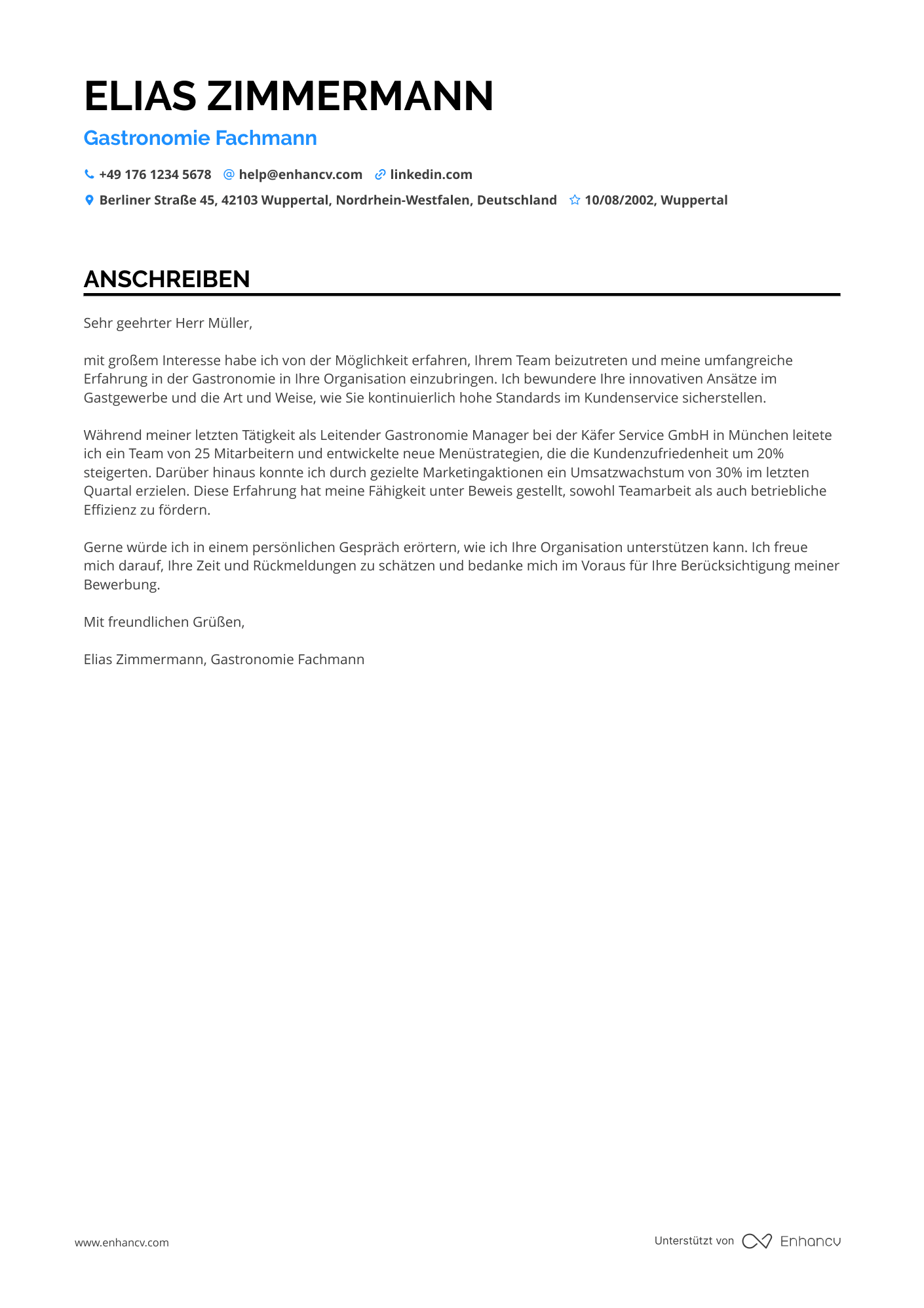 Senior Gastronomie Fachmann Resume Example
