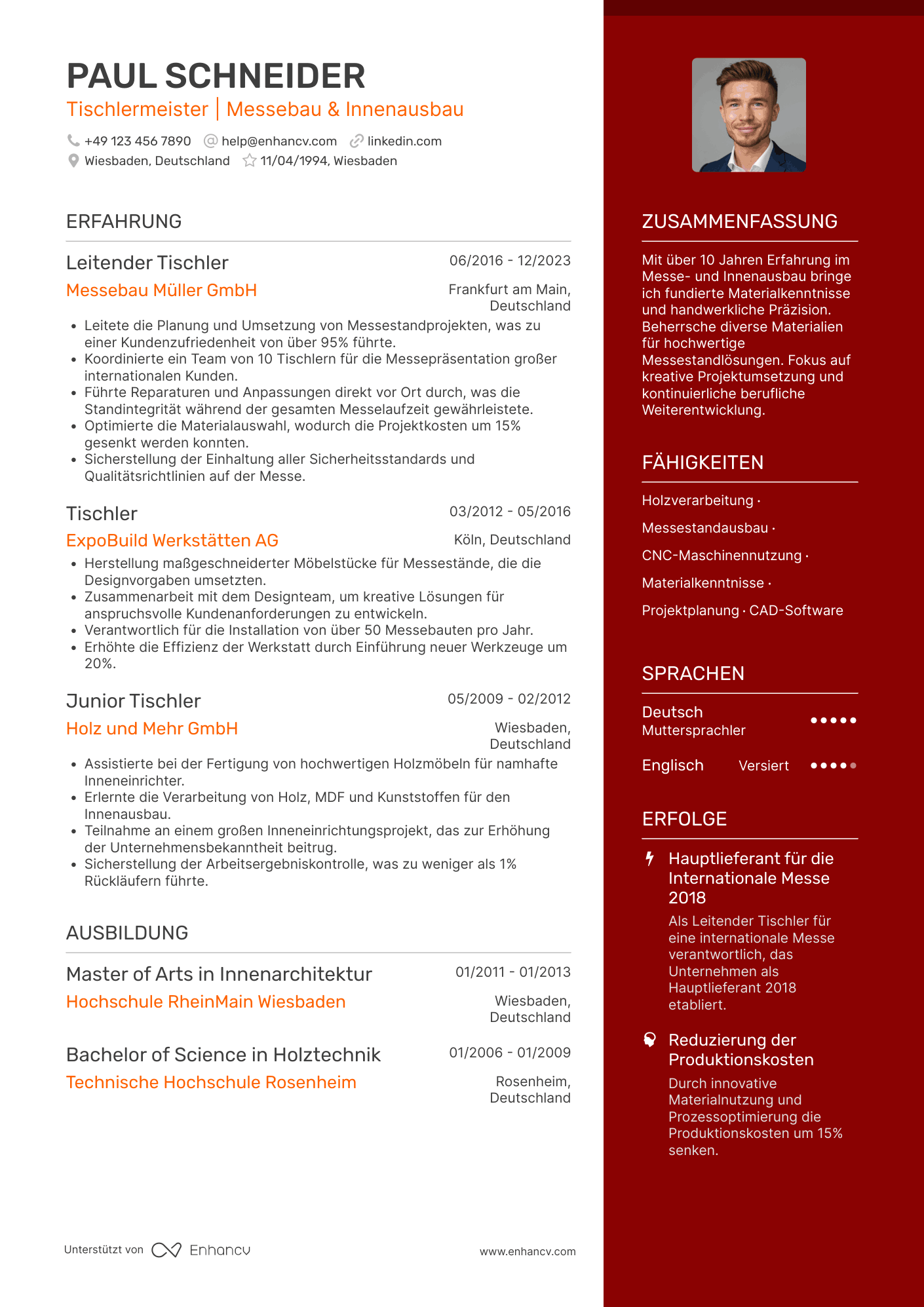 Lebenslauf in Tischler in der Messebauindustrie Resume Example