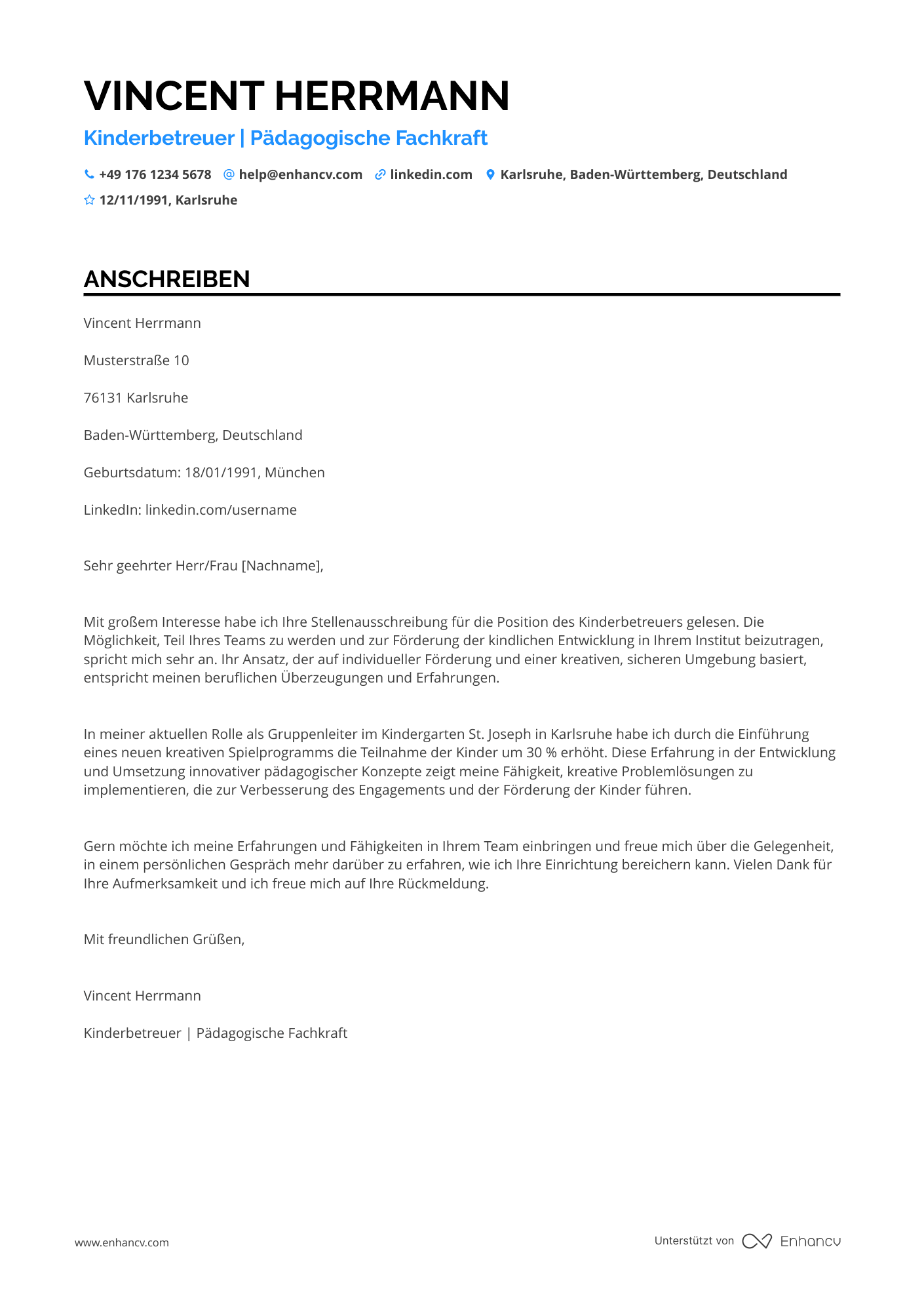 Kinderhort Erzieherin Resume Example
