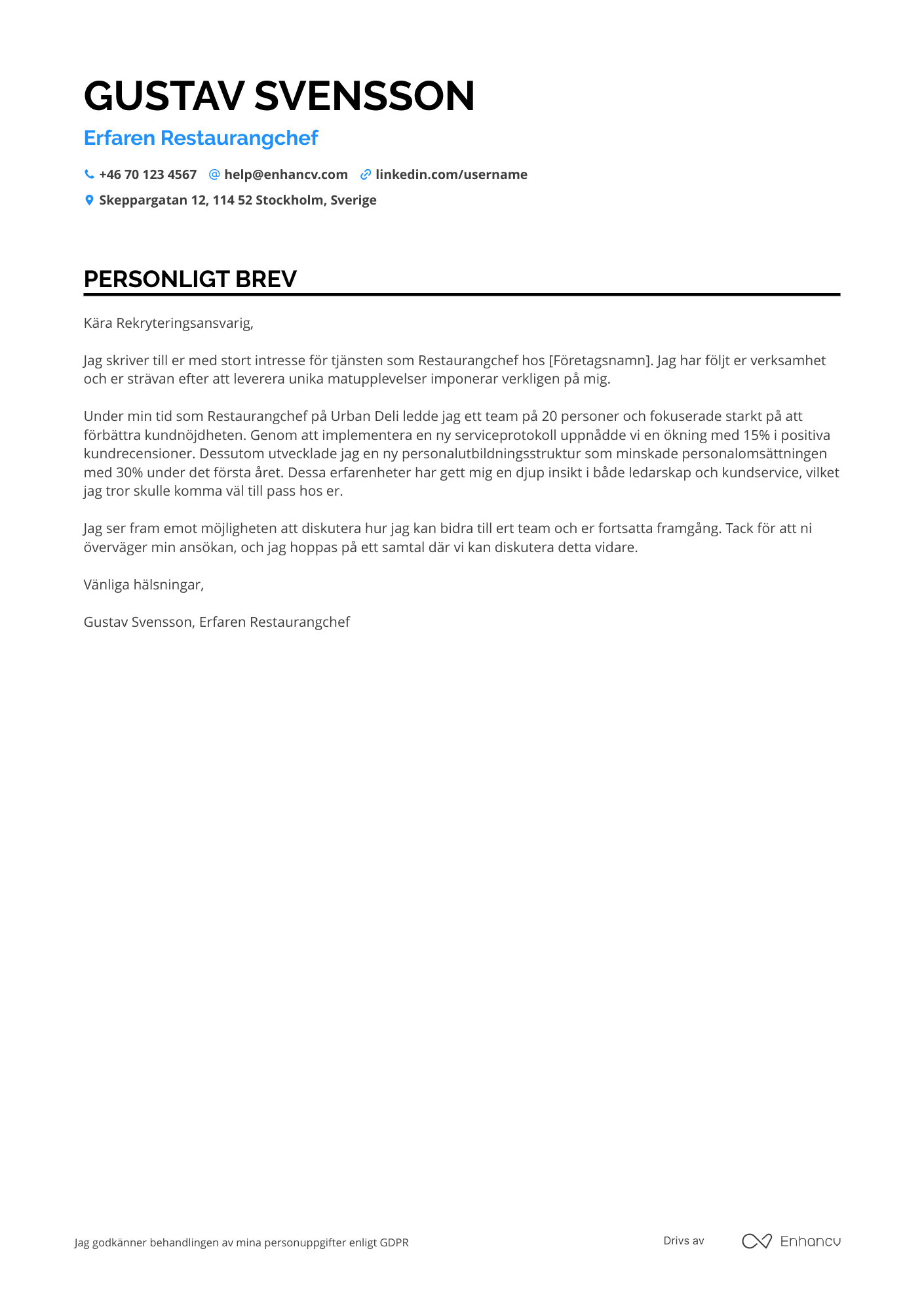 Personligt brev för Restaurangchef Casual Dining Resume Example