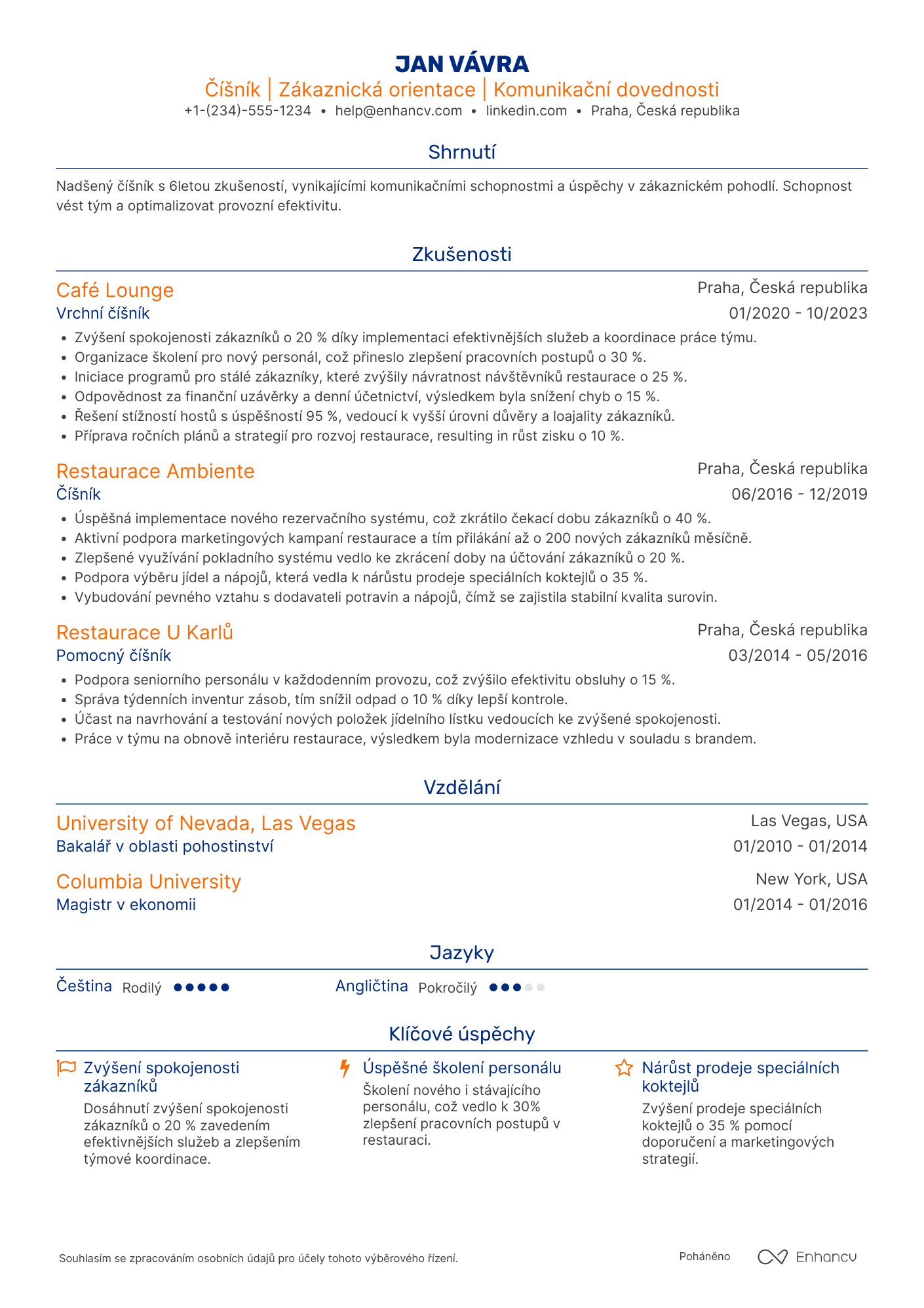 Životopis pro Číšník v restauraci Resume Example