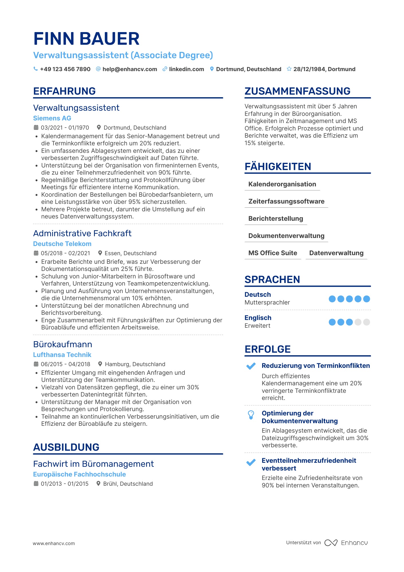 Lebenslauf als Verwaltungsassistent mit mittlerer Erfahrung Resume Example