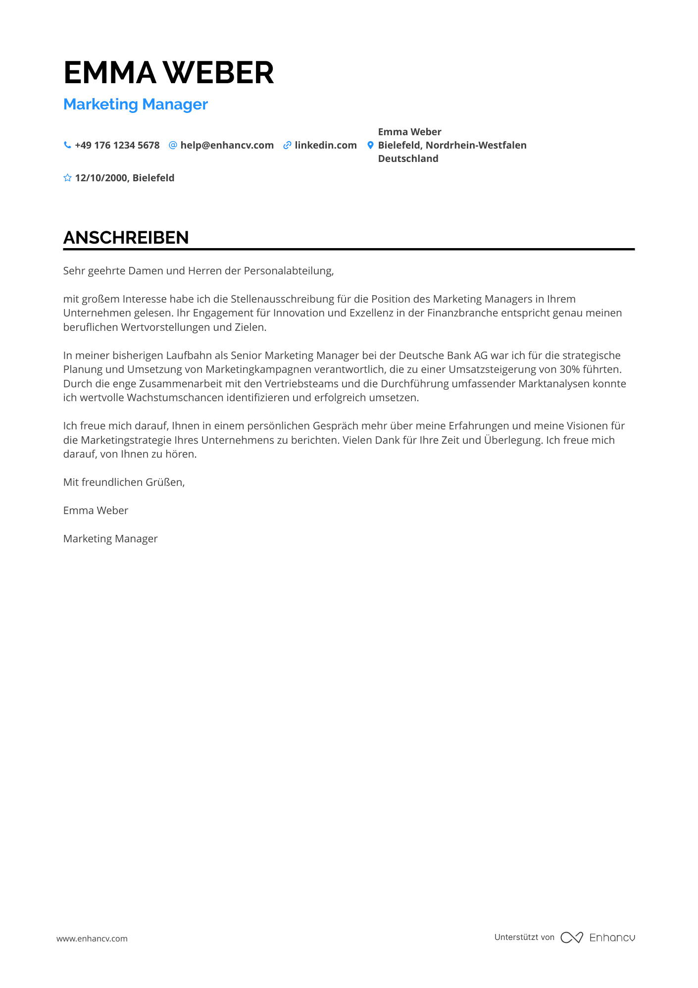 Marketing Manager in der Finanzbranche Resume Example
