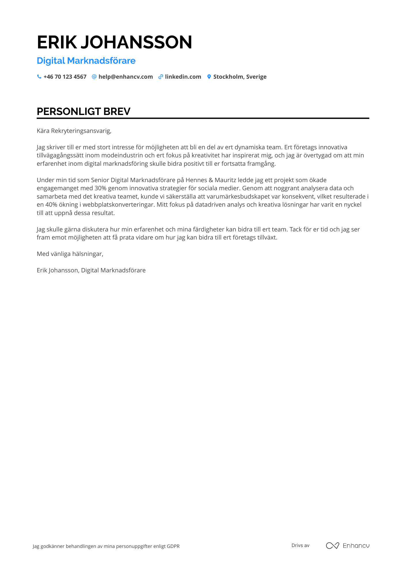 Personligt brev för Digital Marknadsförare inom mode Resume Example