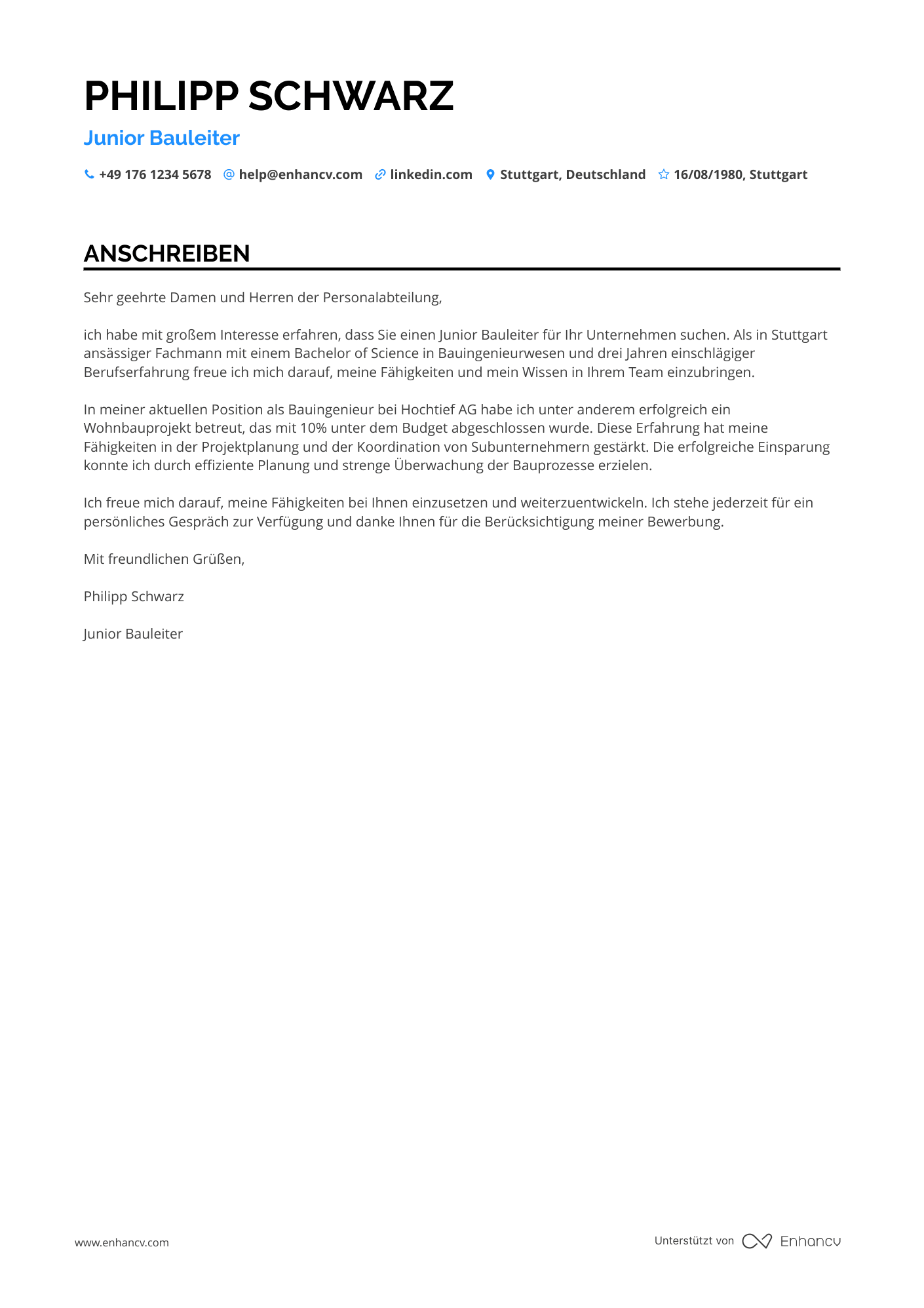 Junior Bauleiter Resume Example