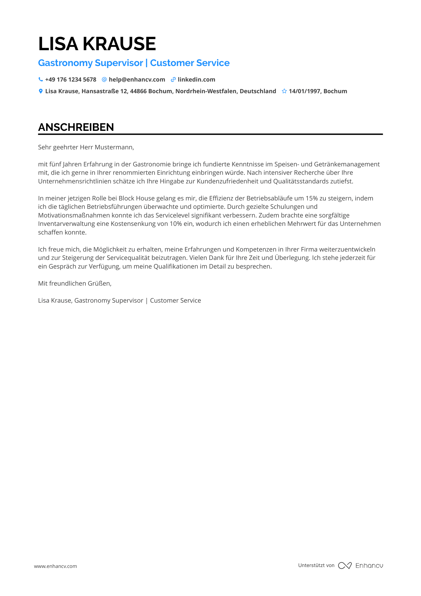 Gastronomie Supervisor Resume Example