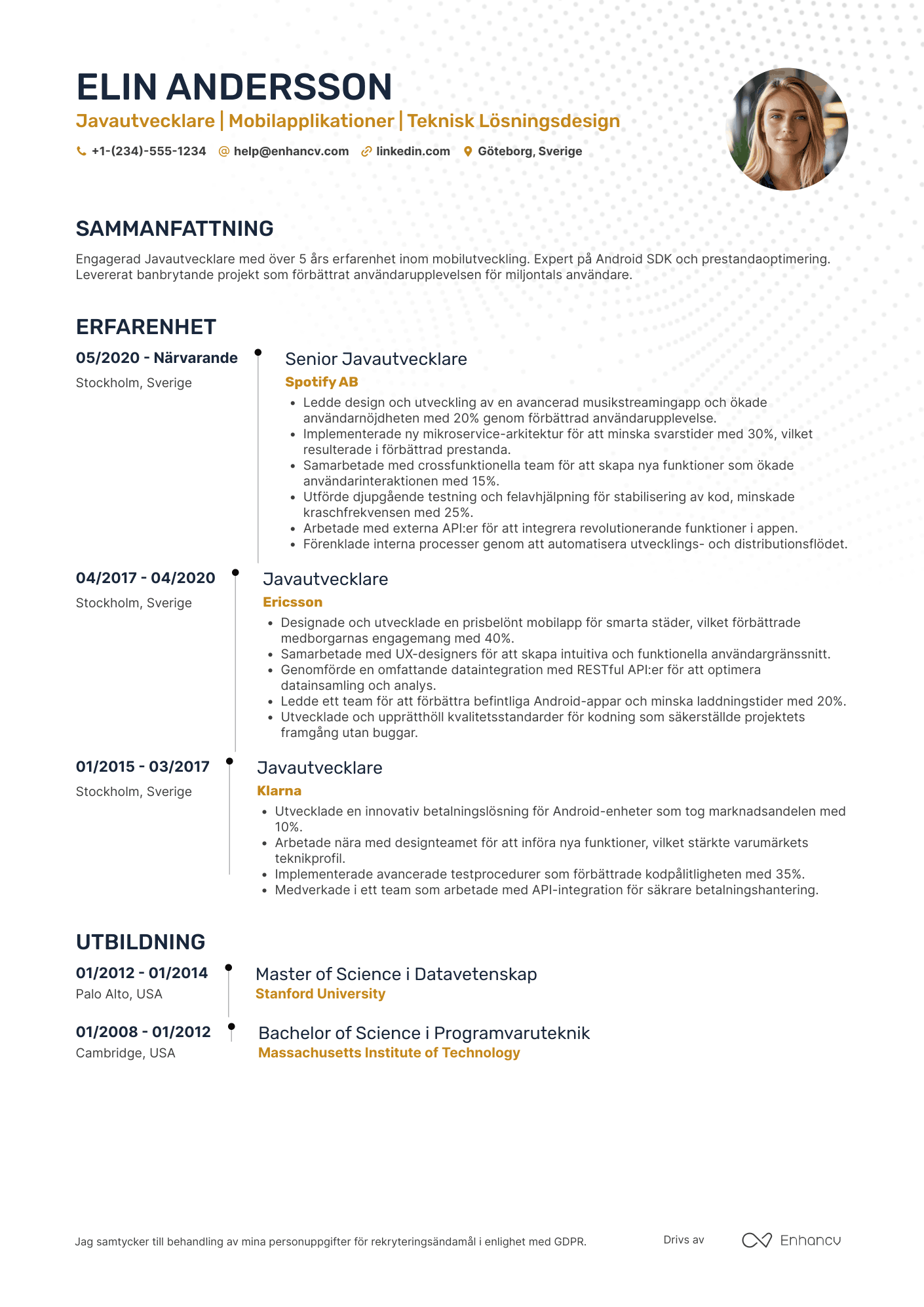 CV för Mobila applikationer Javautvecklare Resume Example