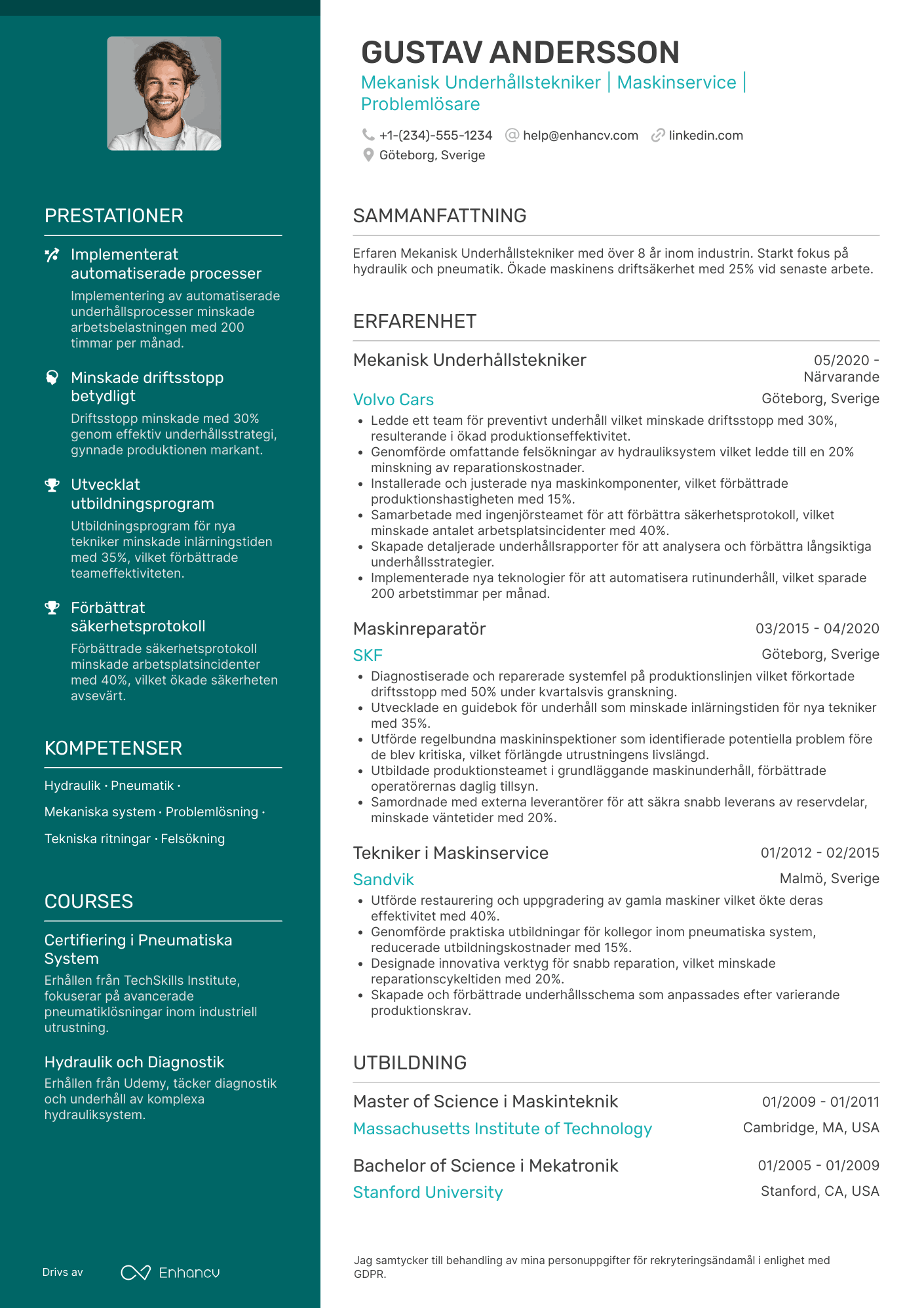 CV för Mekanisk Underhållstekniker Resume Example