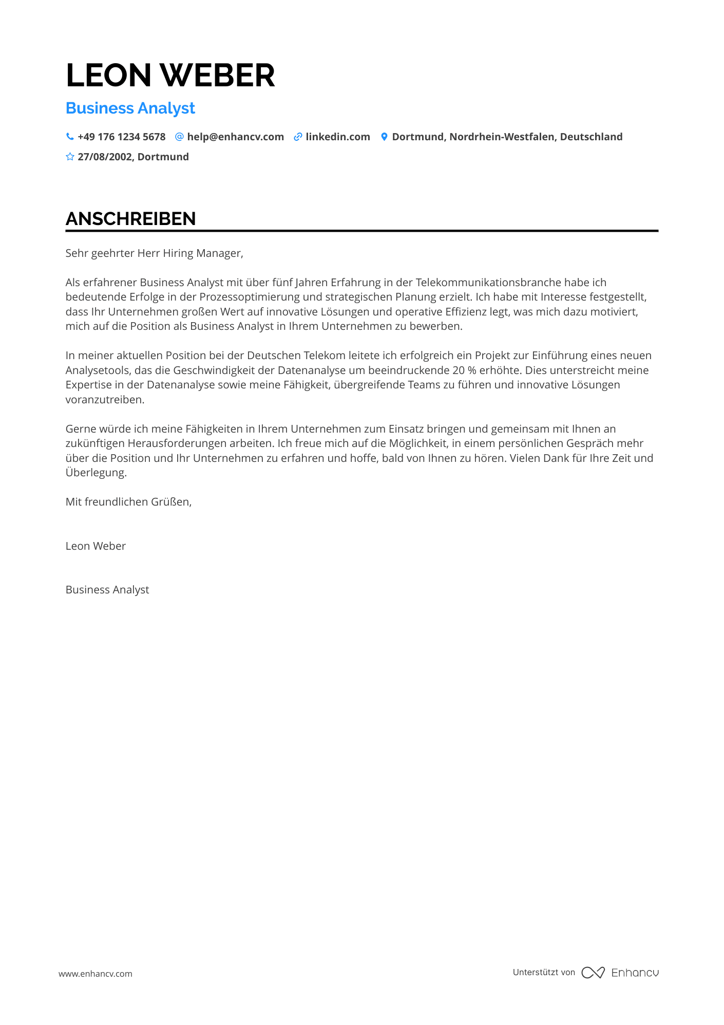 Business Analyst für Telekommunikation Resume Example