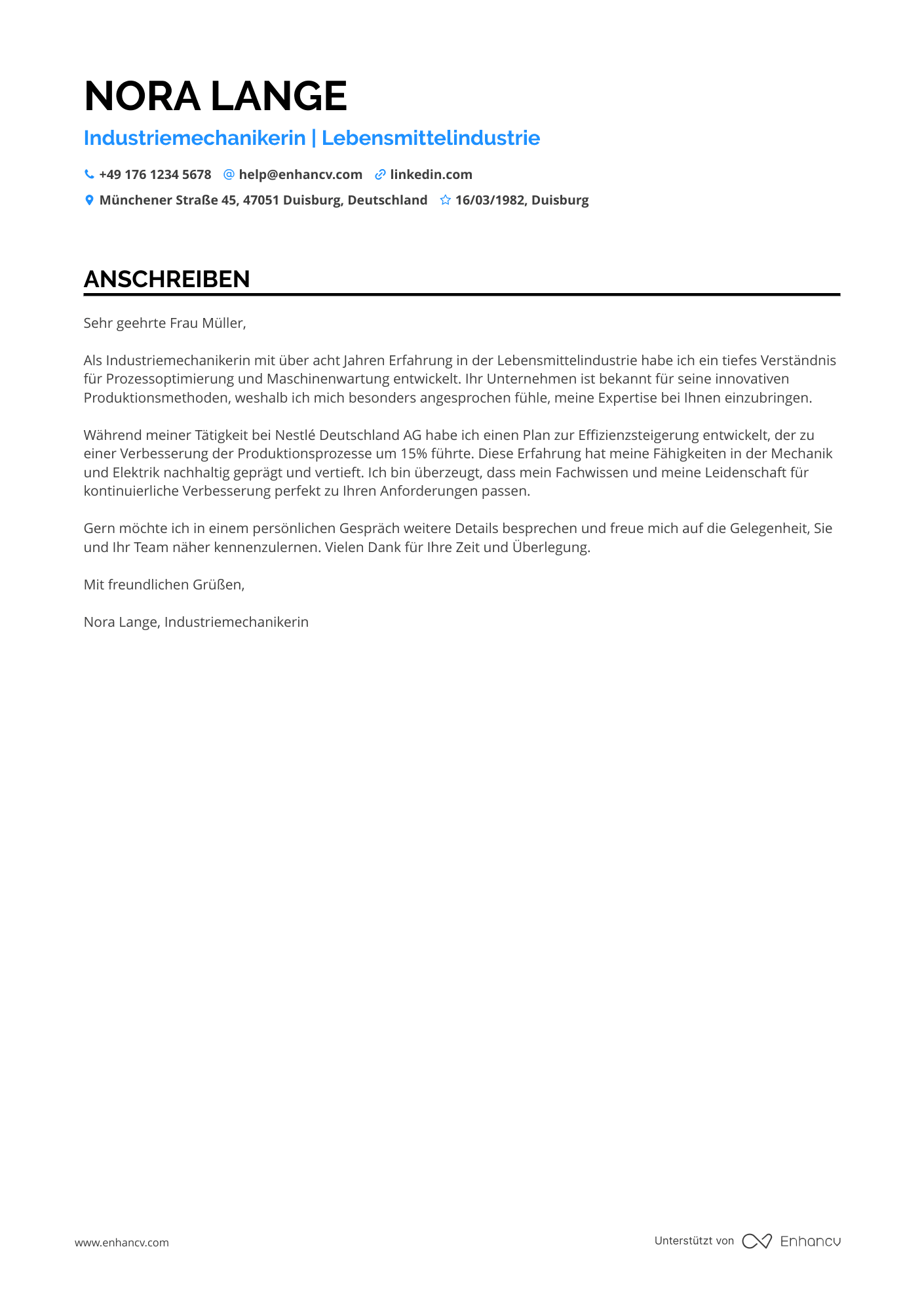 Handwerker in der Lebensmittelindustrie Resume Example