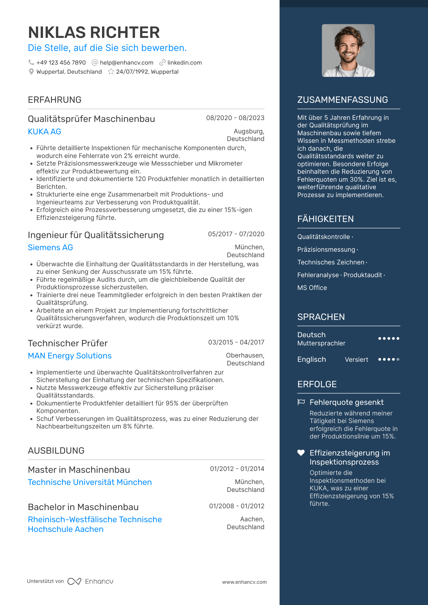 Lebenslauf in Qualitätsprüfer im Maschinenbau Resume Example