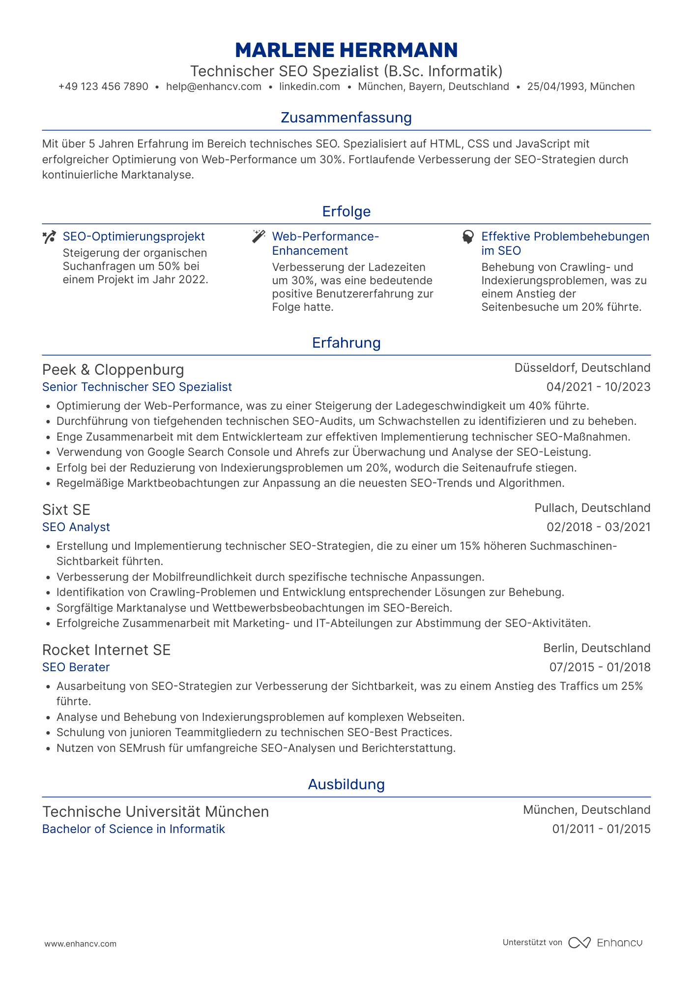 Lebenslauf als SEO Spezialist für technisches SEO Resume Example