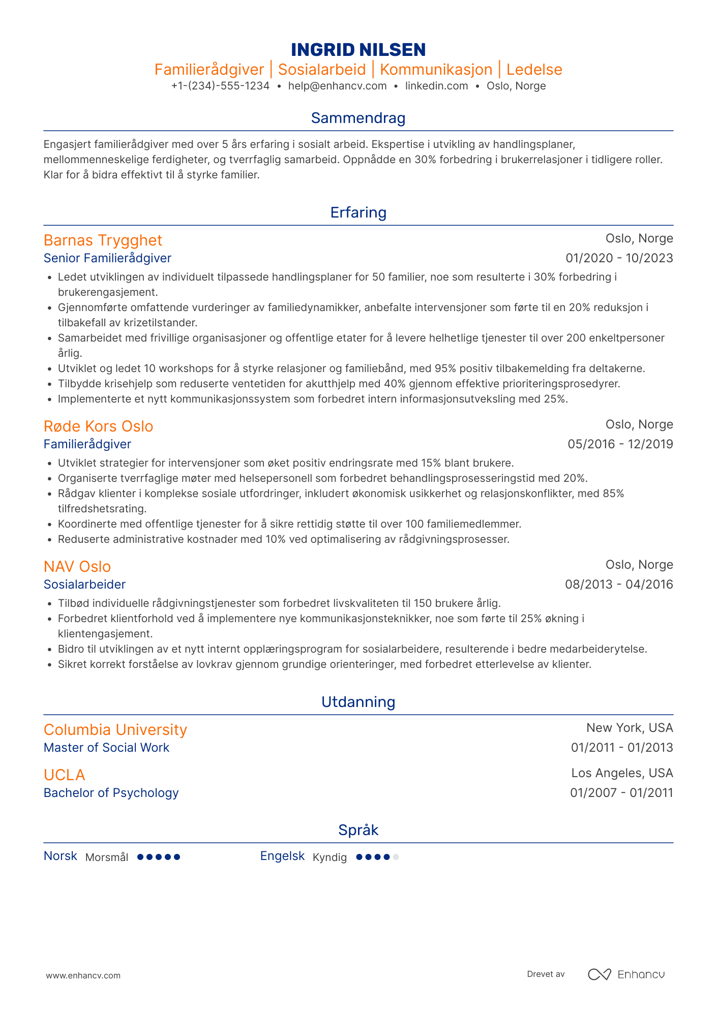 CV for Familierådgiver Sosialarbeider Resume Example