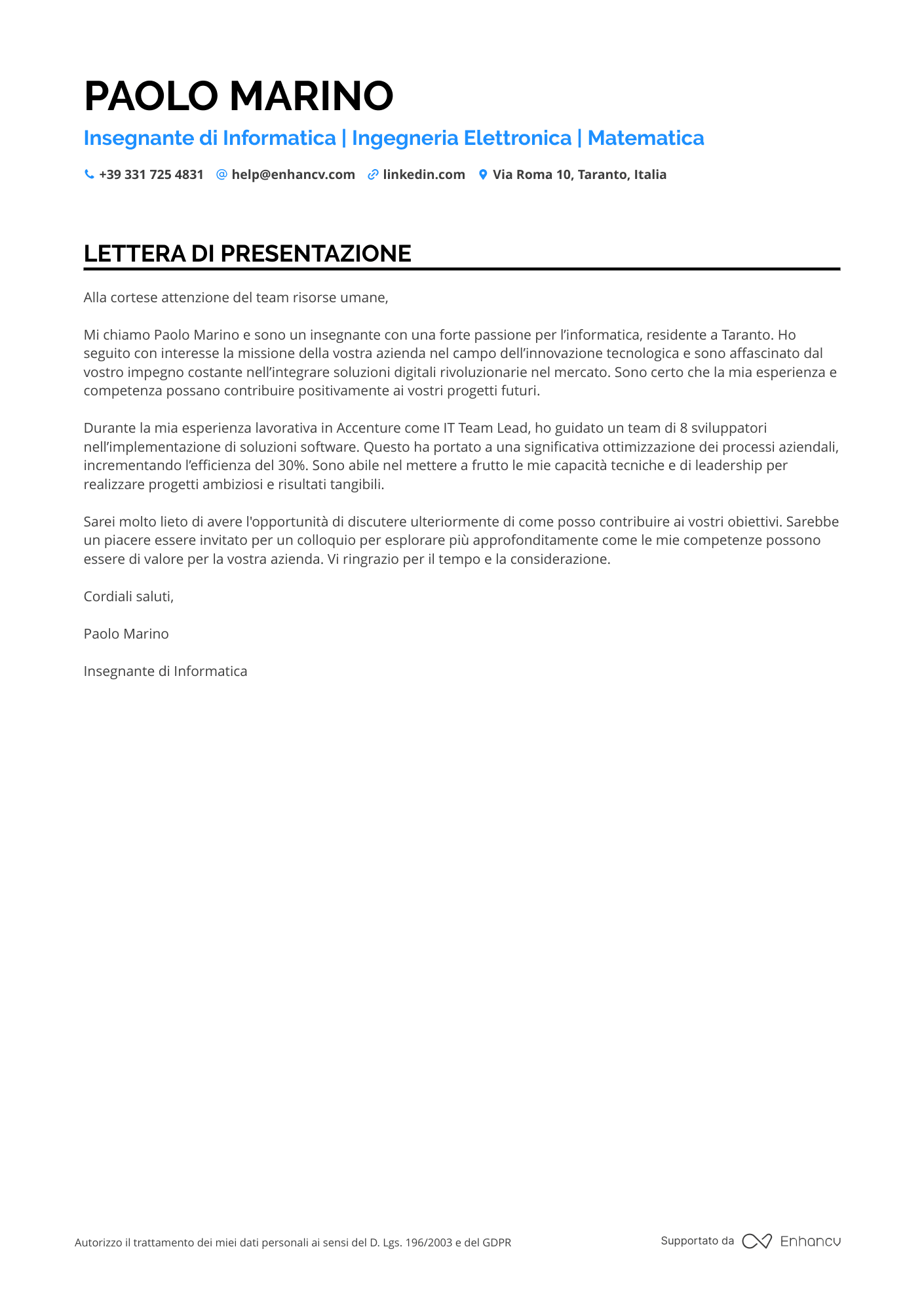 Insegnante di Scienze Resume Example